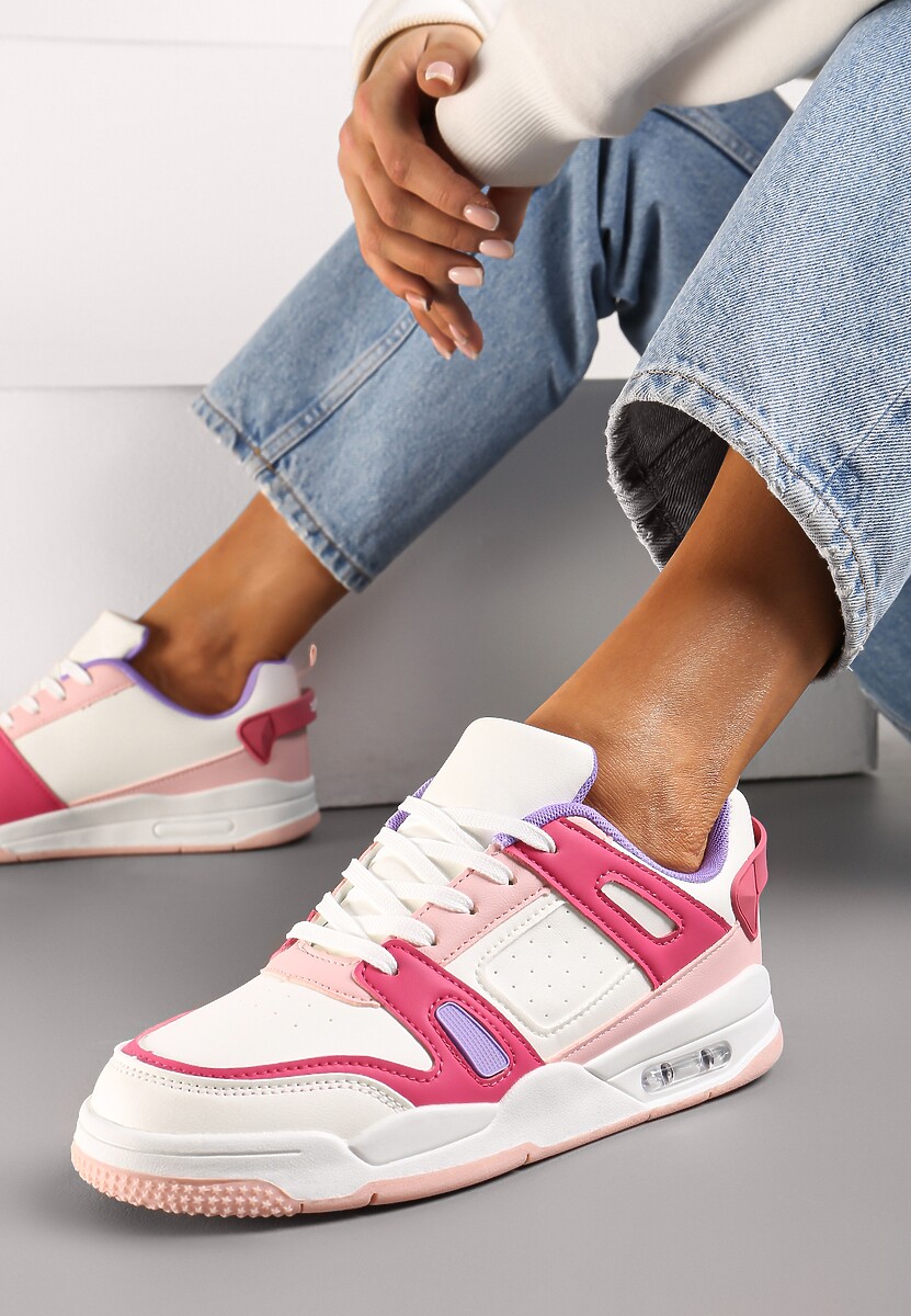 Biało-Różowe Sznurowane Sneakersy z Licznymi Wstawkami z Ekoskóry Gwendias