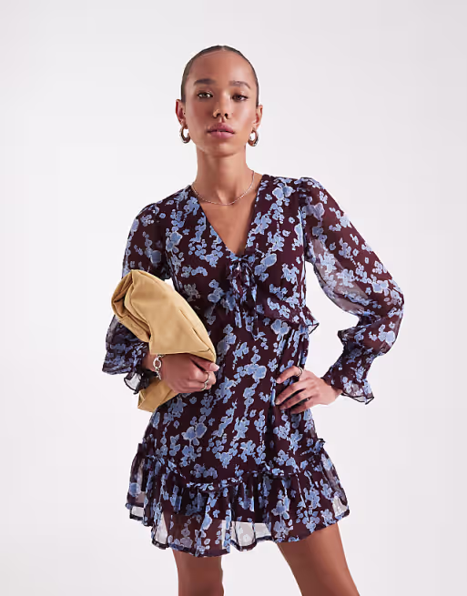 Wednesday's Girl floral print floaty V-neck midi dress in burgundy and blue