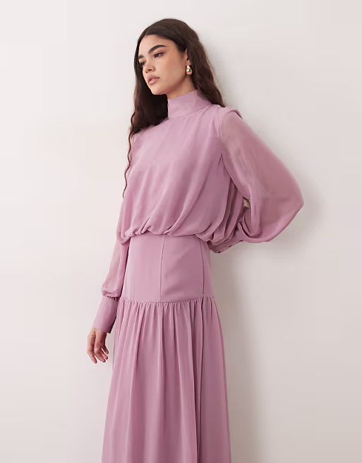 high neck deep cuff maxi dress in lilac