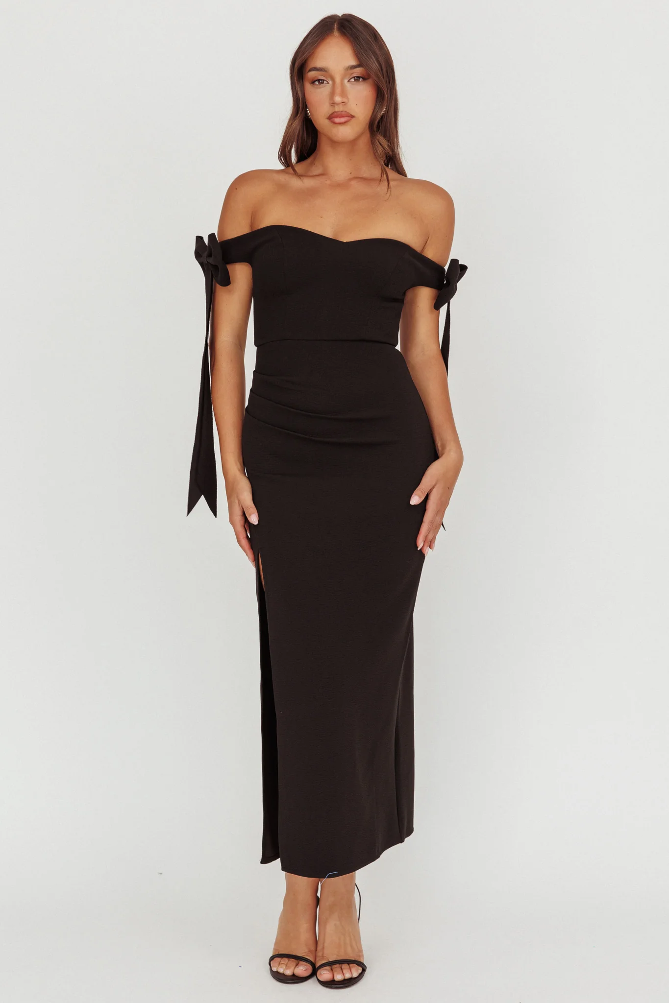 Have Faith Off-Shoulder Bow Sleeve Maxi Dress Black - luluinthesky