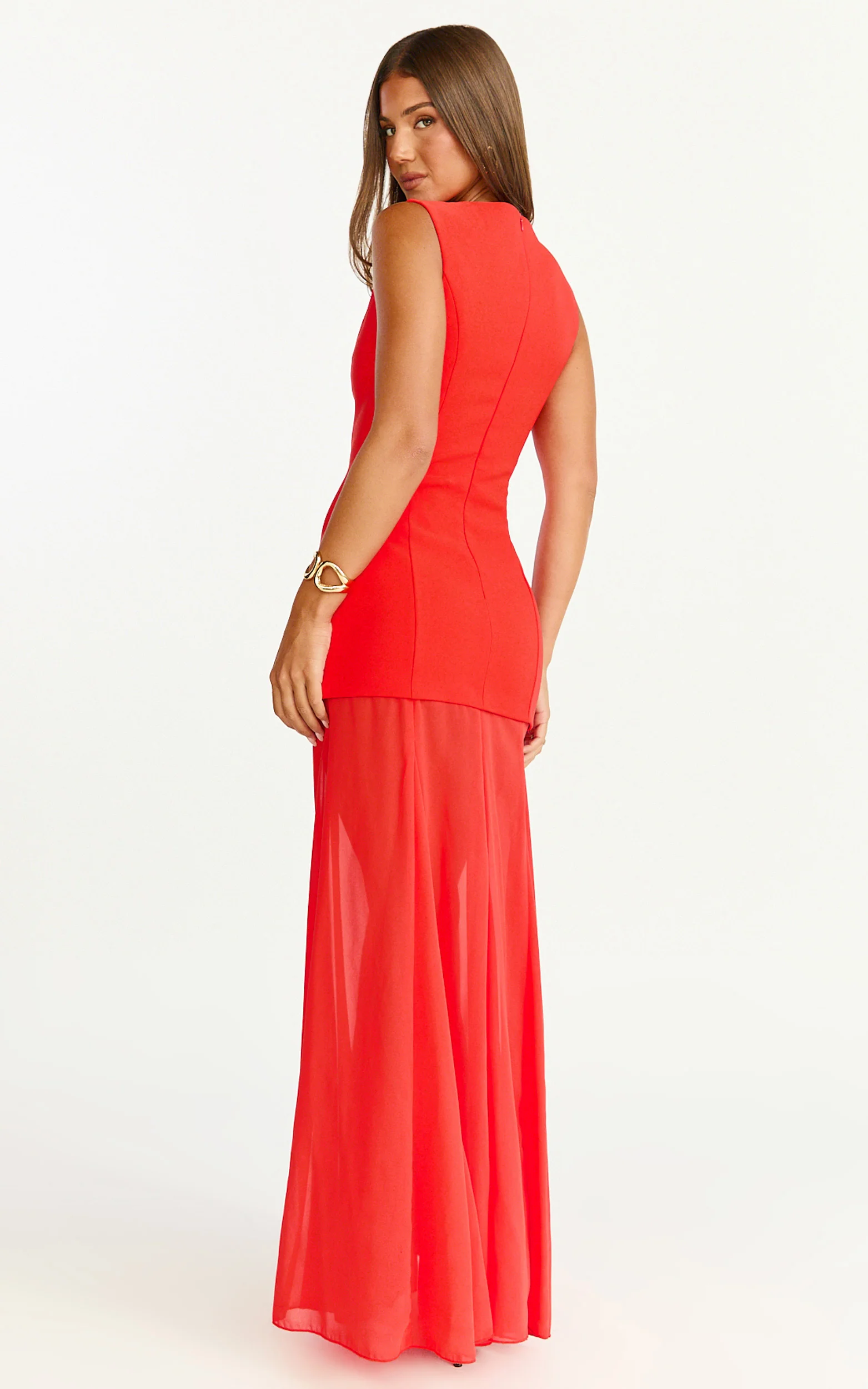 Frances Maxi Dress - Contrast U Neck Godet A Line Dress in Red
