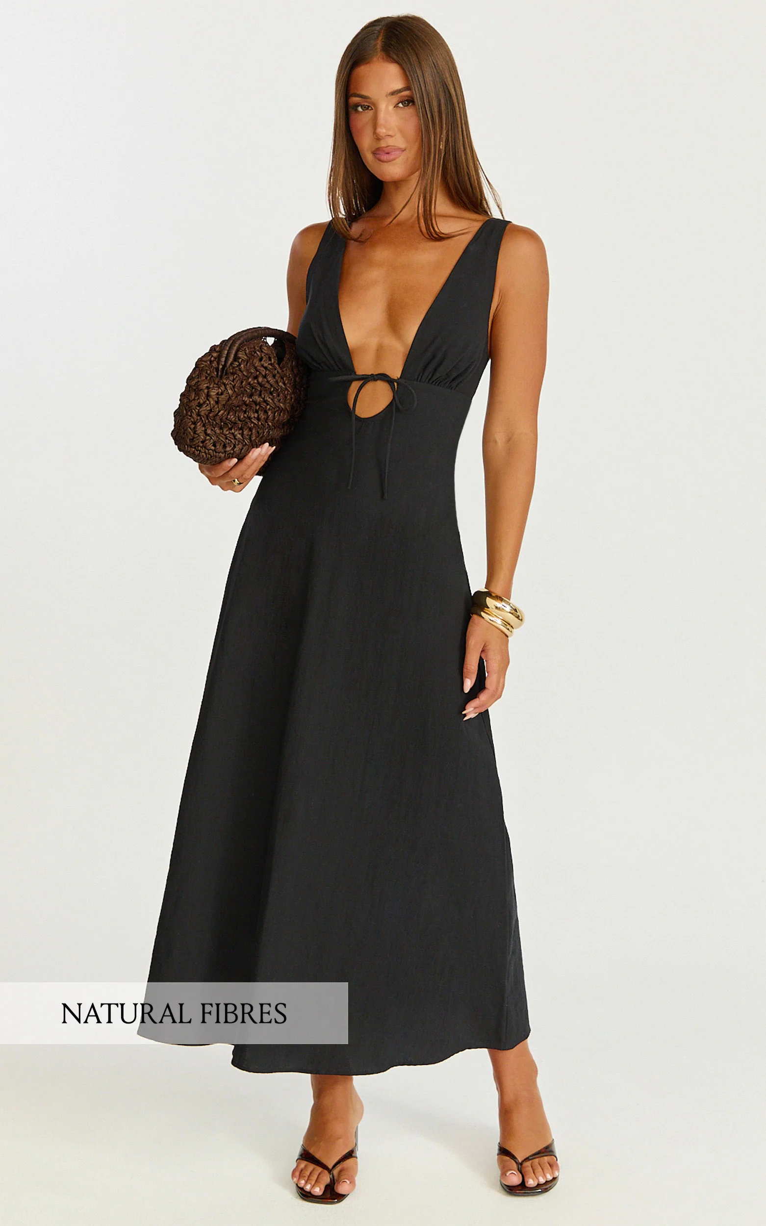 Silvena Midi Dress - Plunge Neckline Tie Front A Line Dress in Black