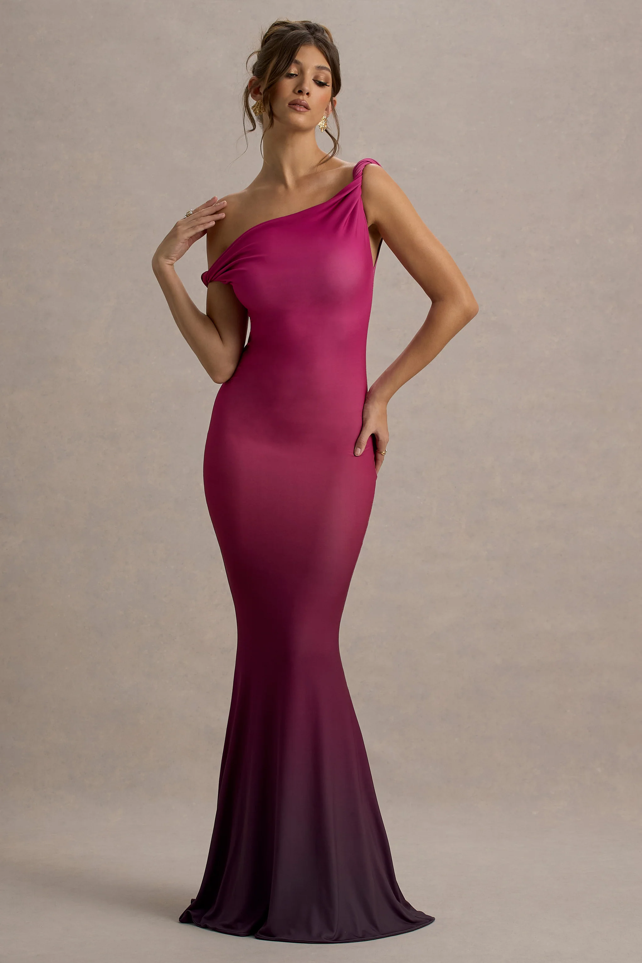 Exotic | Berry Ombre Twisted Asymmetric Maxi Dress
