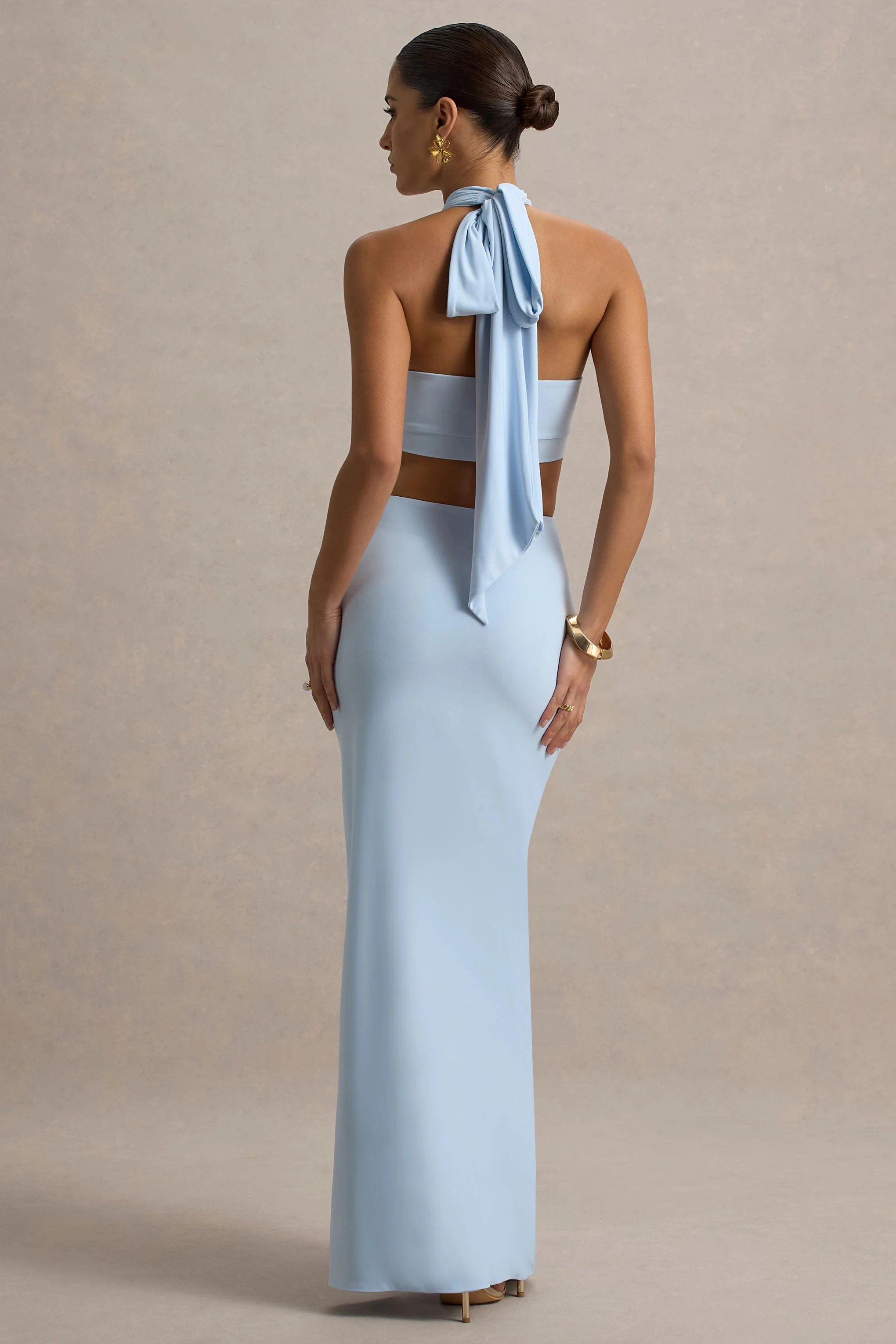 Aura | Powder Blue Halter-Neck Cut-Out Split Maxi Dress