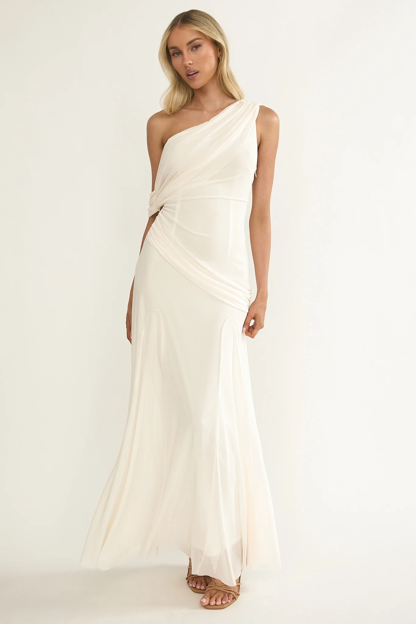 Anaisa Asymmetric Neckline Draped Maxi Dress Oyster