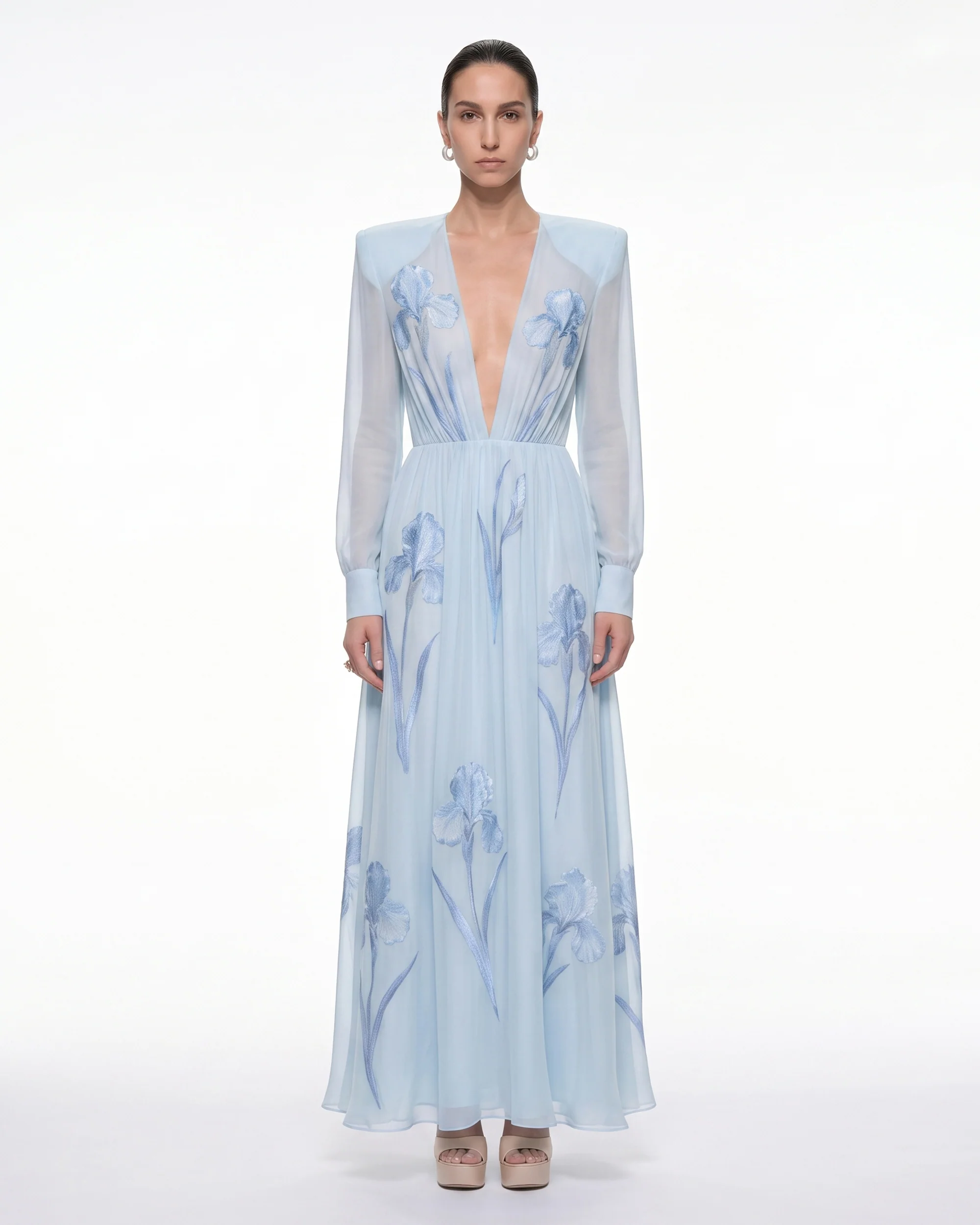 Iris Floral Print Long-Sleeve Sheer Gown - Baby Blue
