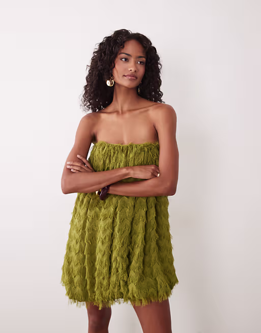 wave textured bubble sweetheart neck mini dress in olive green