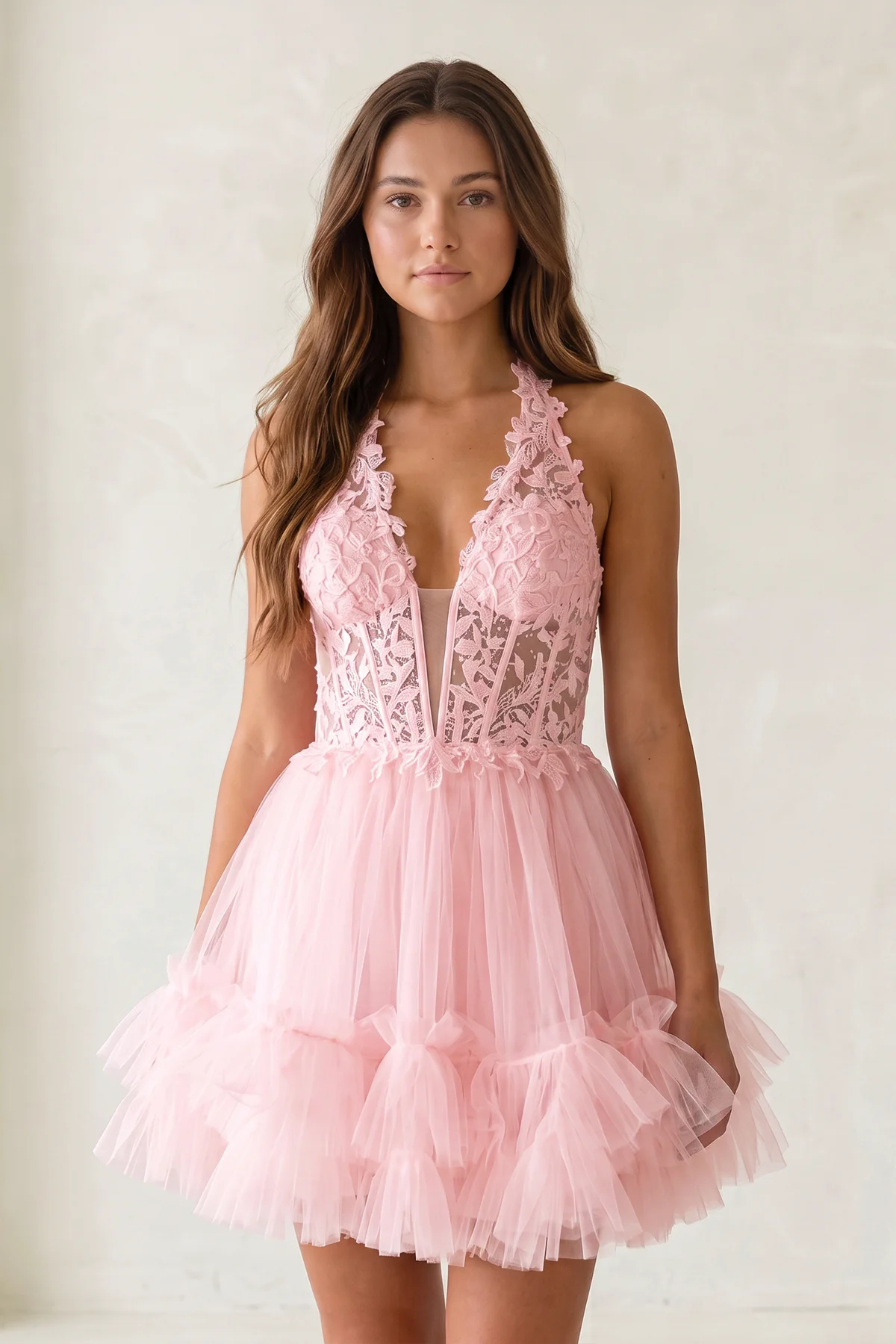 White Halter Tulle Tiered A-Line Homecoming Dress With Lace Appliques