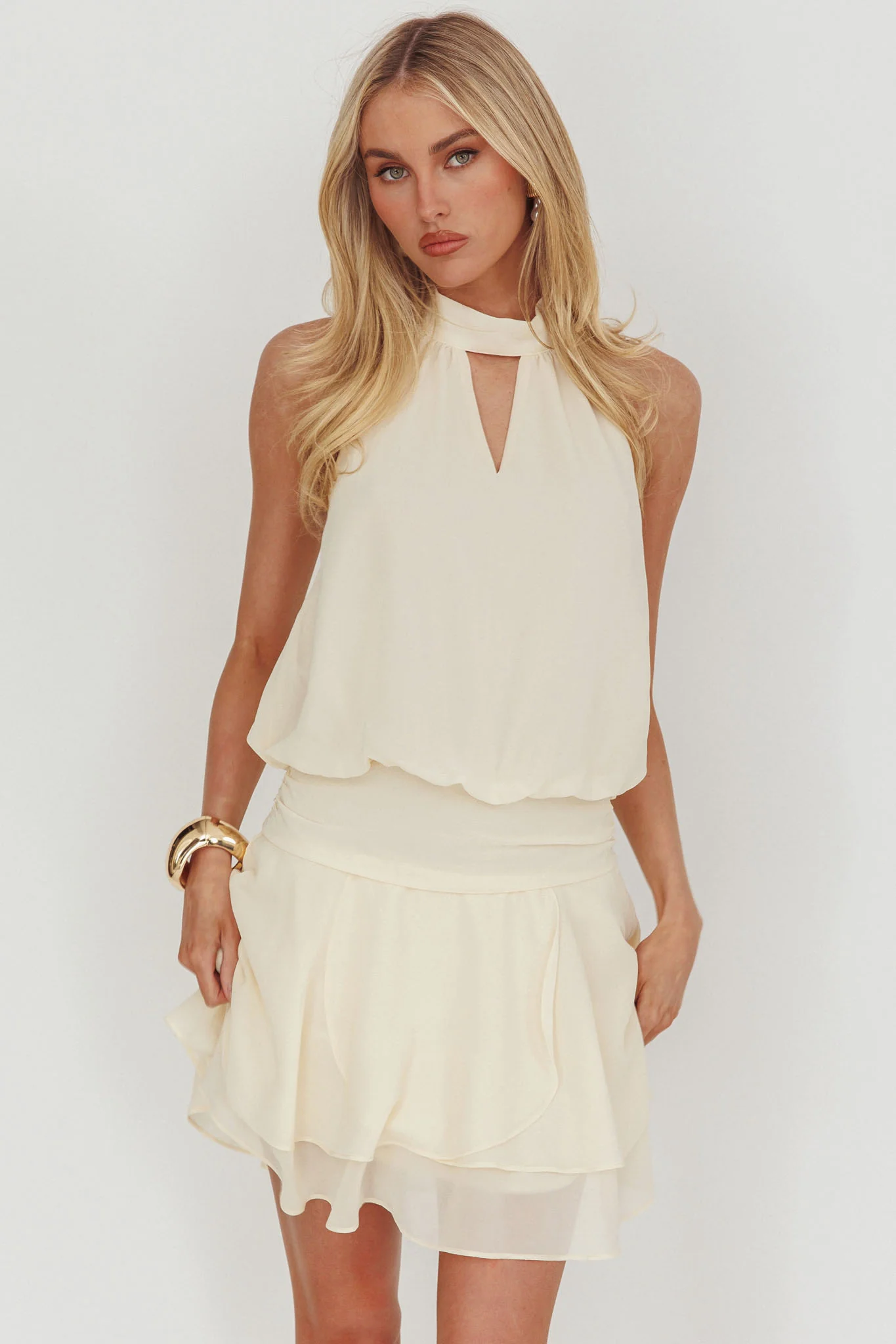 Give In Halterneck Layered Hem Mini Dress Butter - luluinthesky