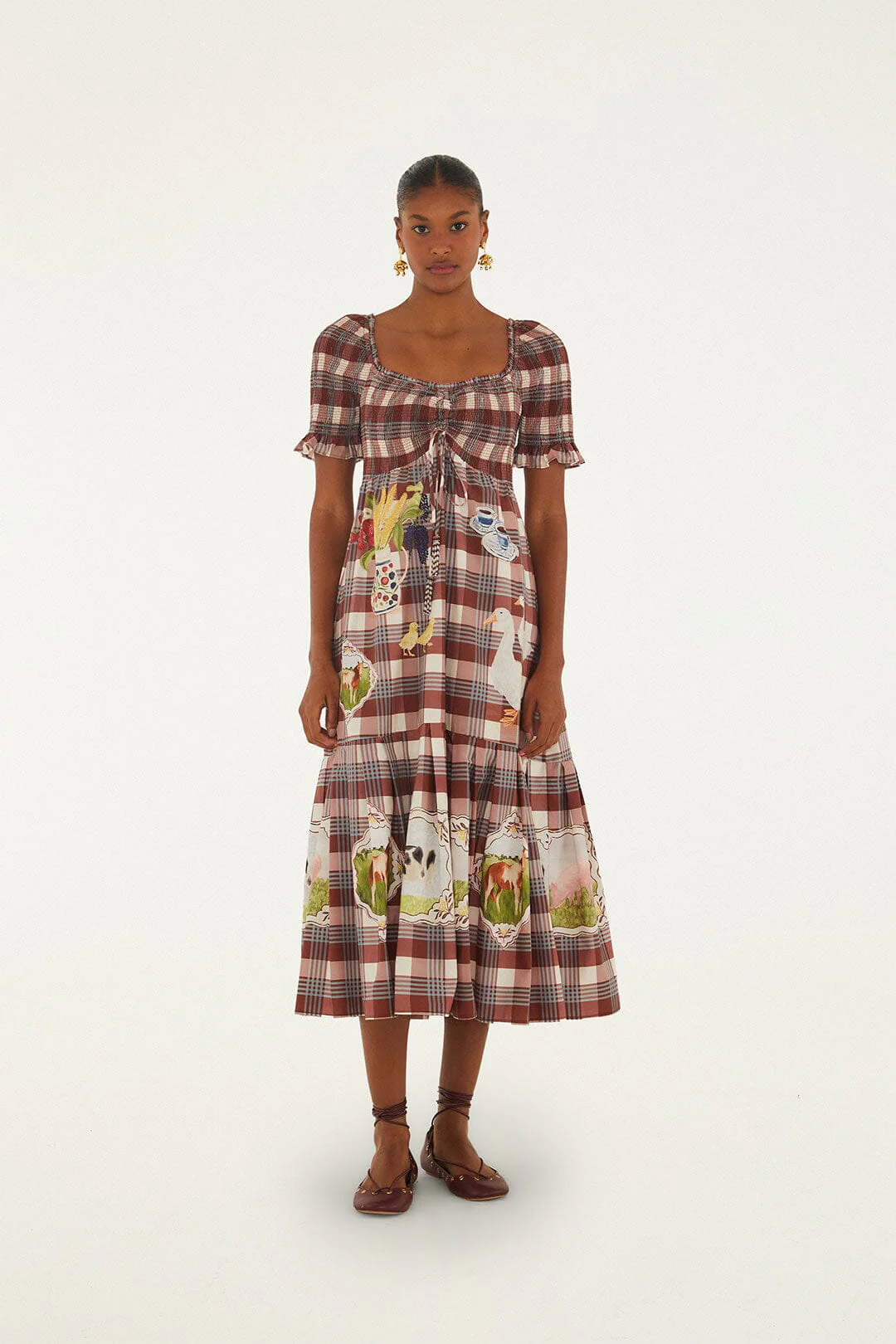 Brown Country Table Tartan Smocked Maxi Dress