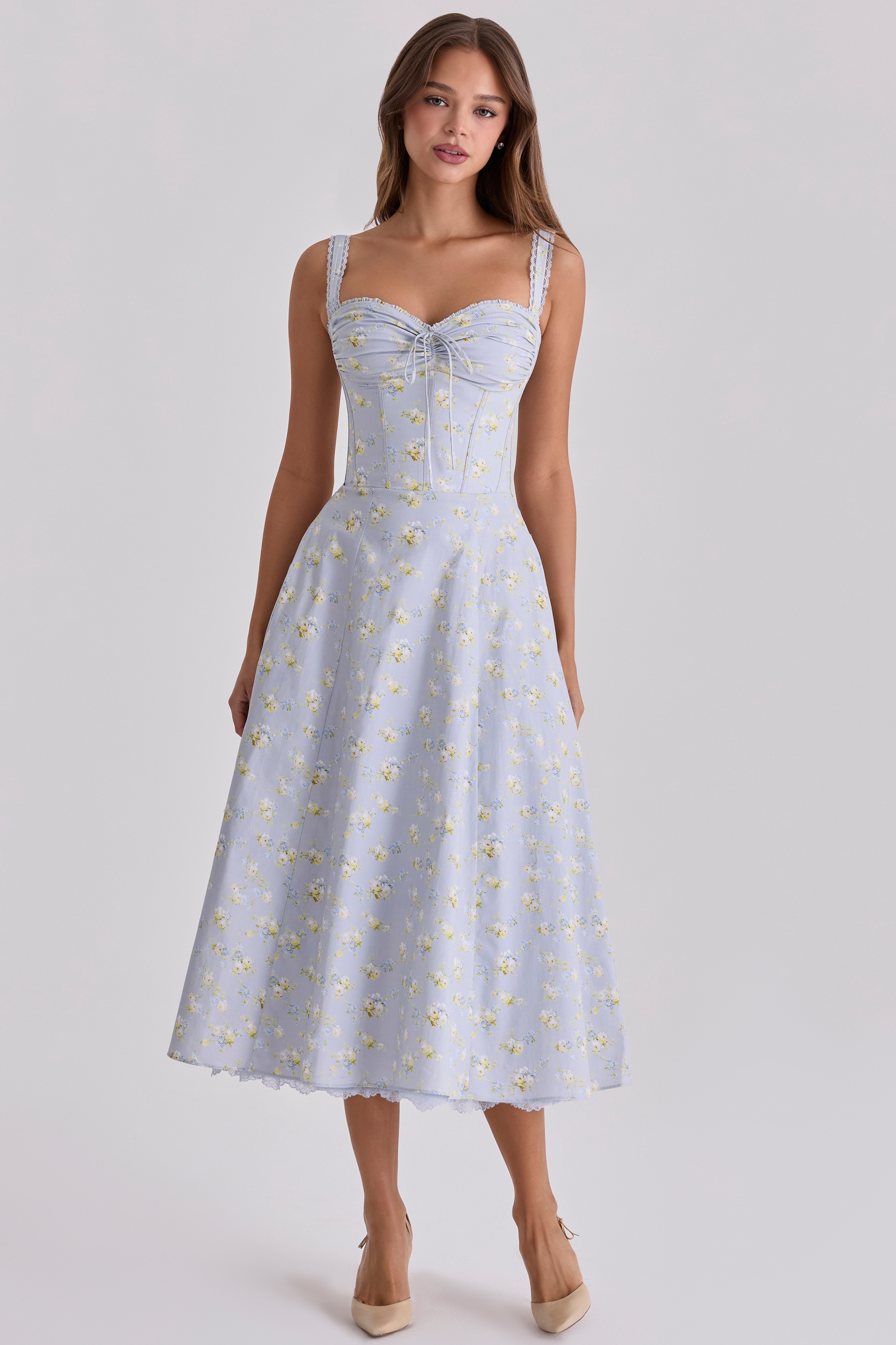 blue wildflower floral print midi dress