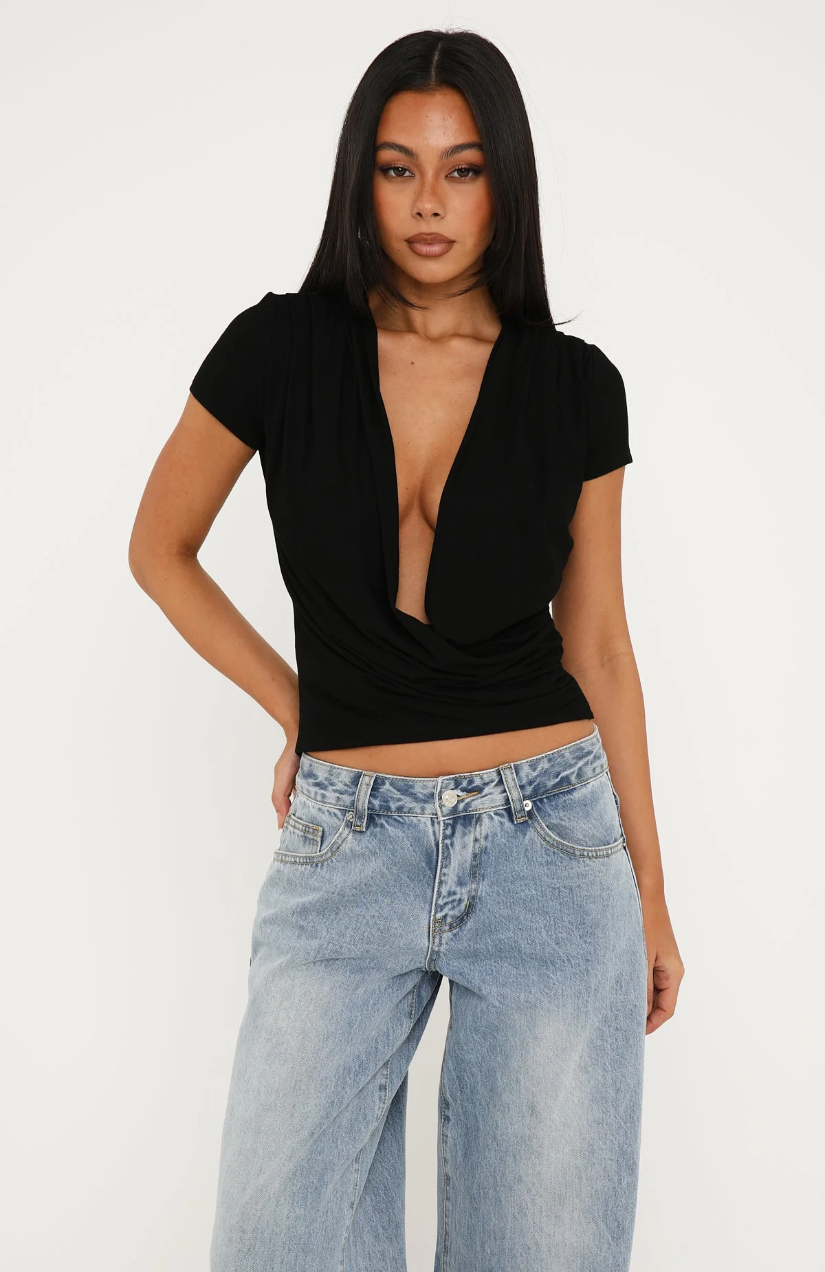 Almost Told You Short Sleeve Cowl Neck Top Black