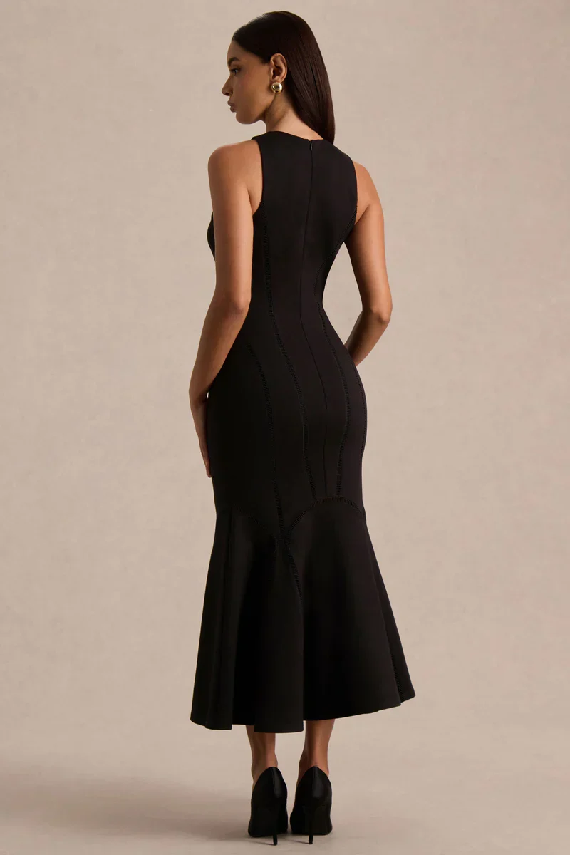 Sally | Black Crew-Neck Midi Dress With Drop Waist And Pleated Detailing