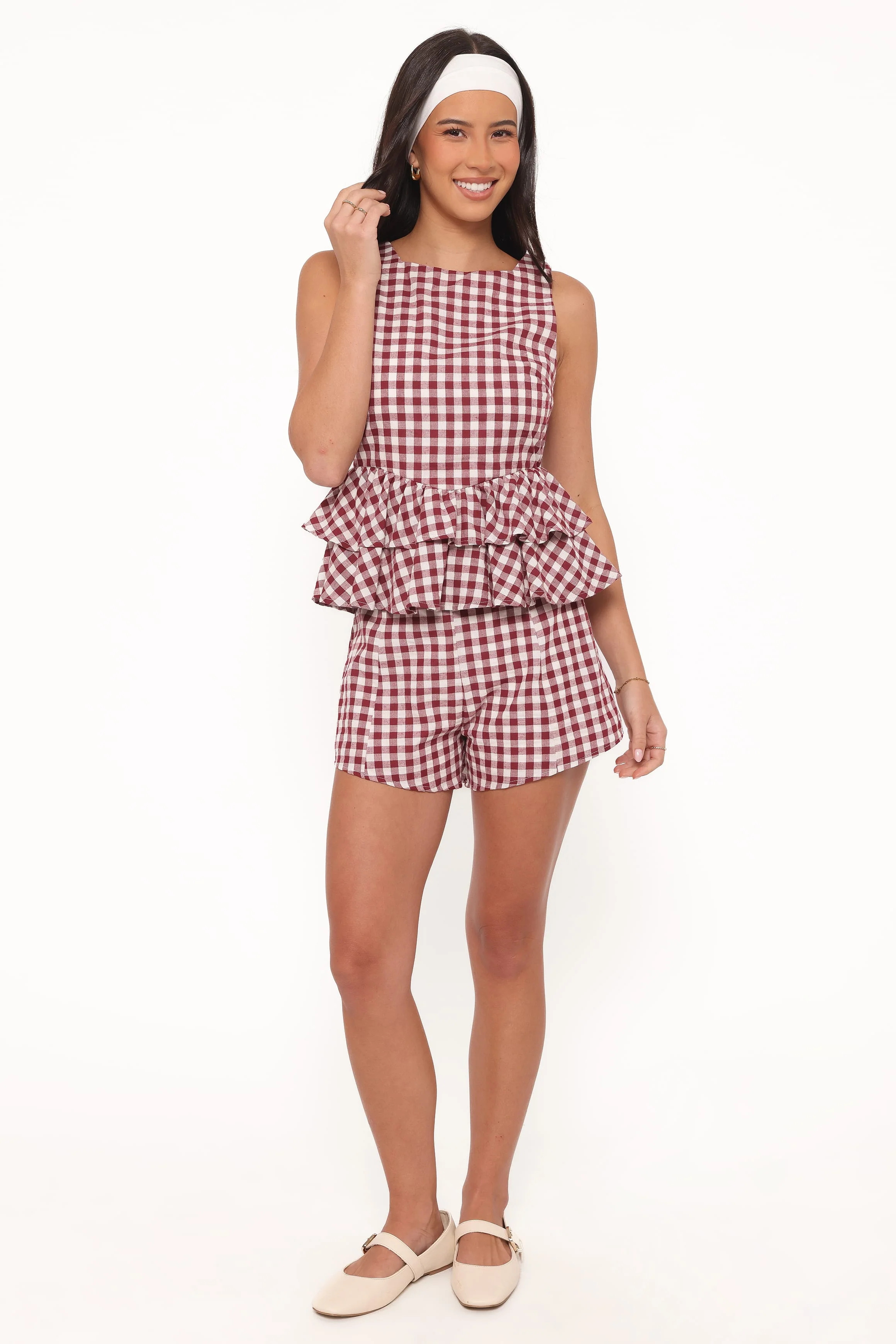 Landon Tiered Peplum Top - Burgundy Gingham