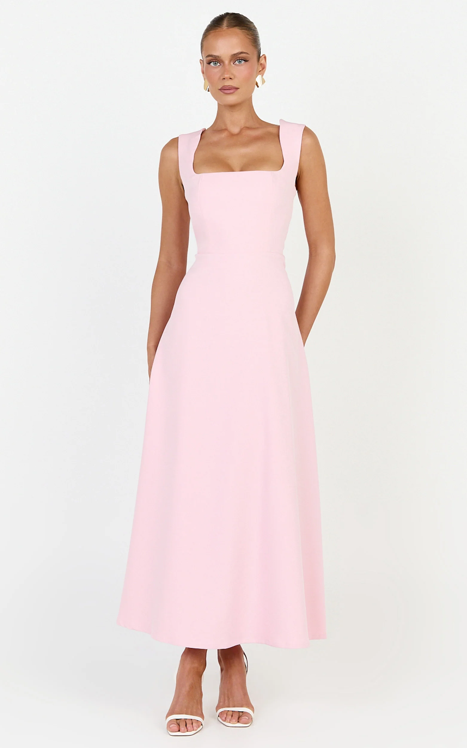 Zinnia Midi Dress - Square Neck A Line Dress in Pink