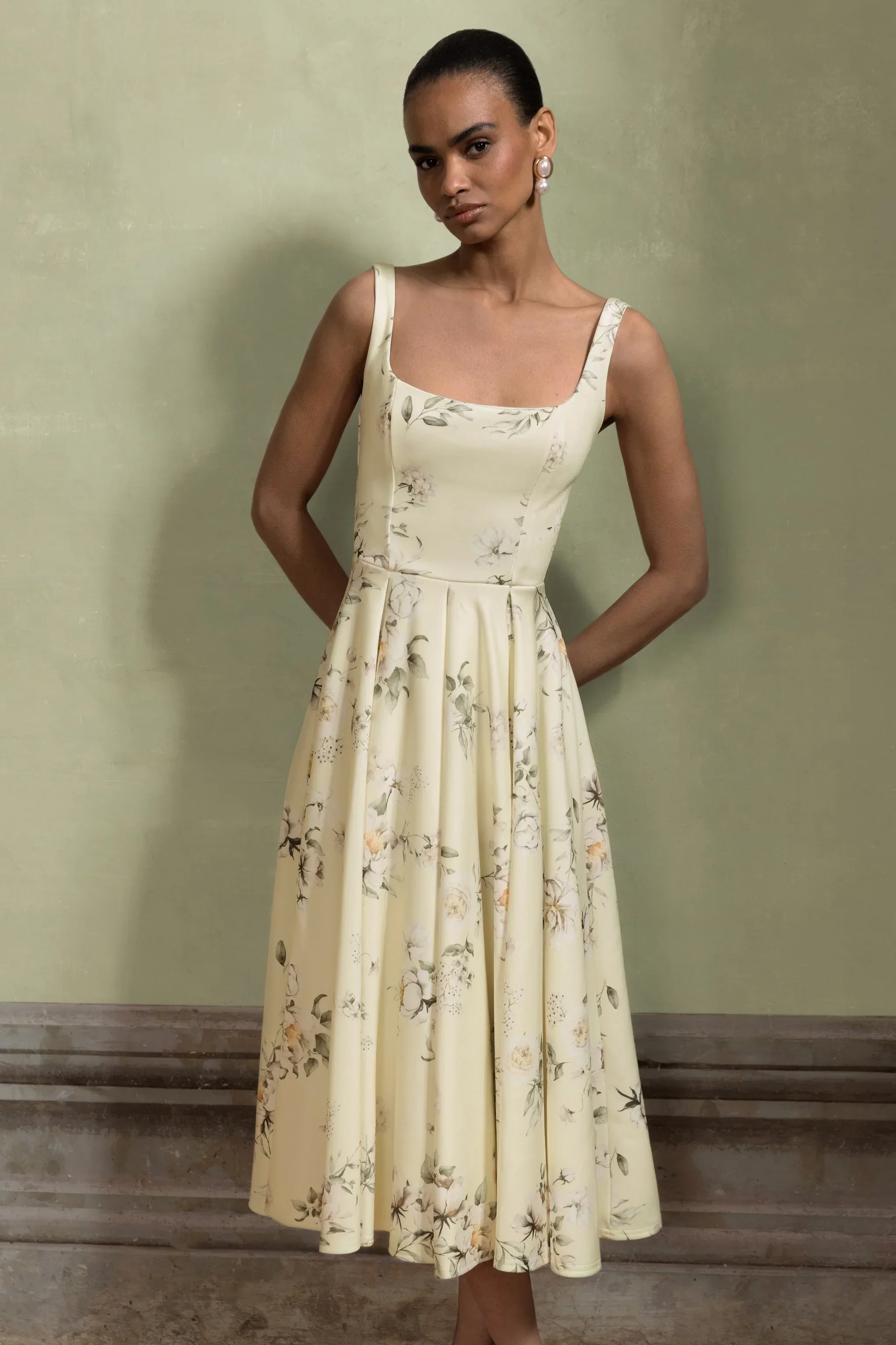 Lissa | Lemon Floral Bouquet Print Square-Neck Midi Dress