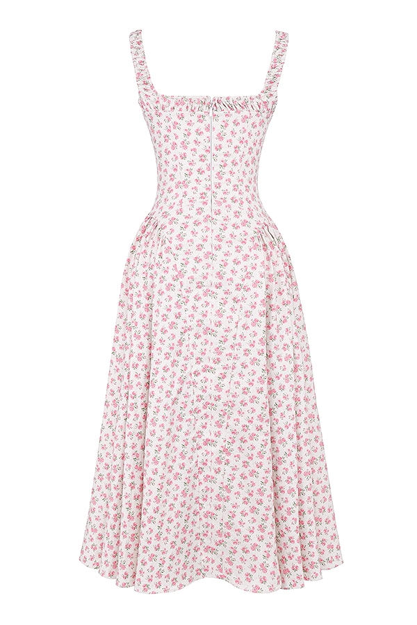 White Rosebud Print Cotton Midi Sundress
