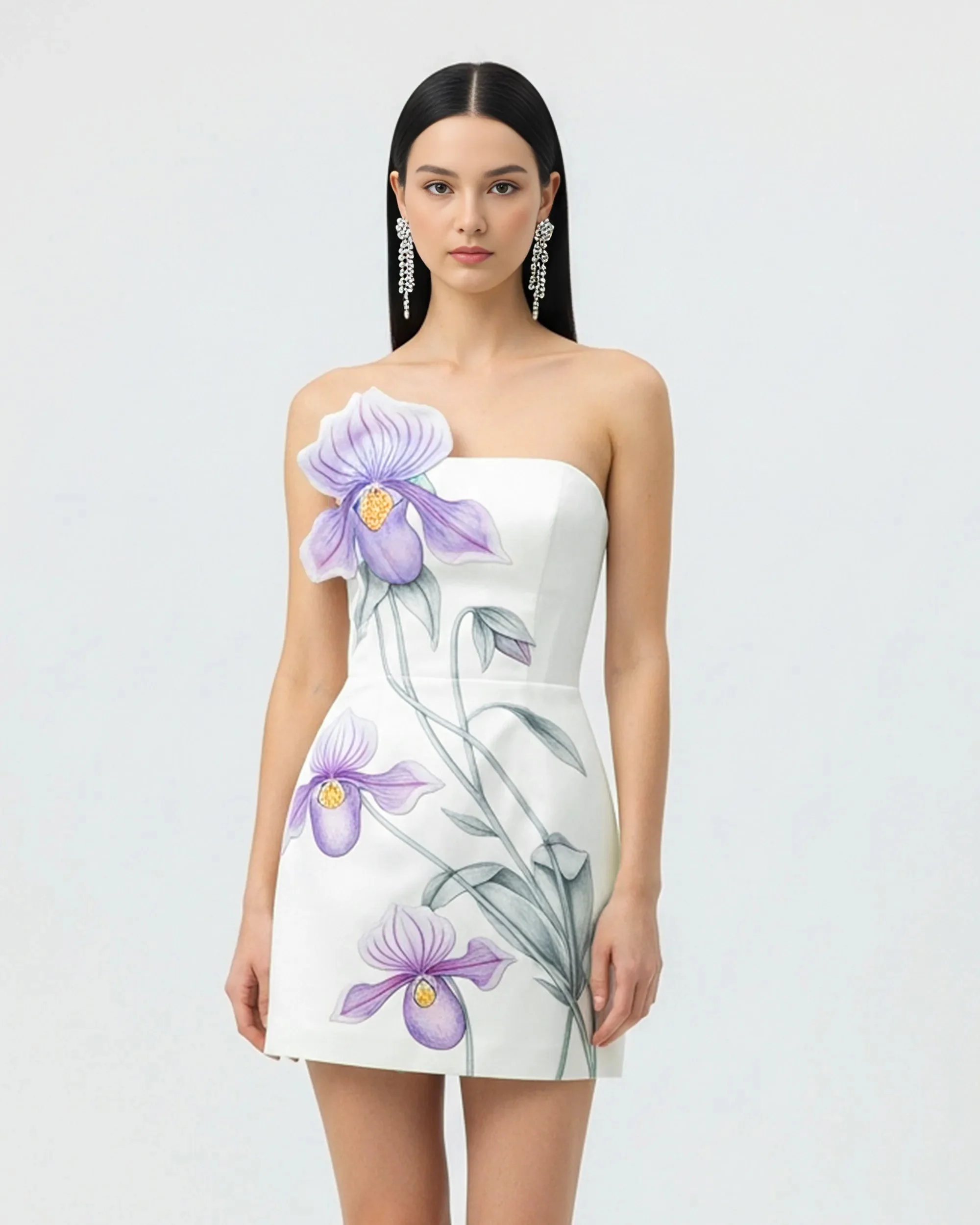 Slipper Orchid Appliqué Mini Dress - White