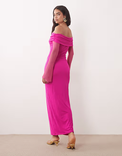 Kaiia exclusive textured mesh bardot angel sleeve sheer panel detail maxi dress in pink