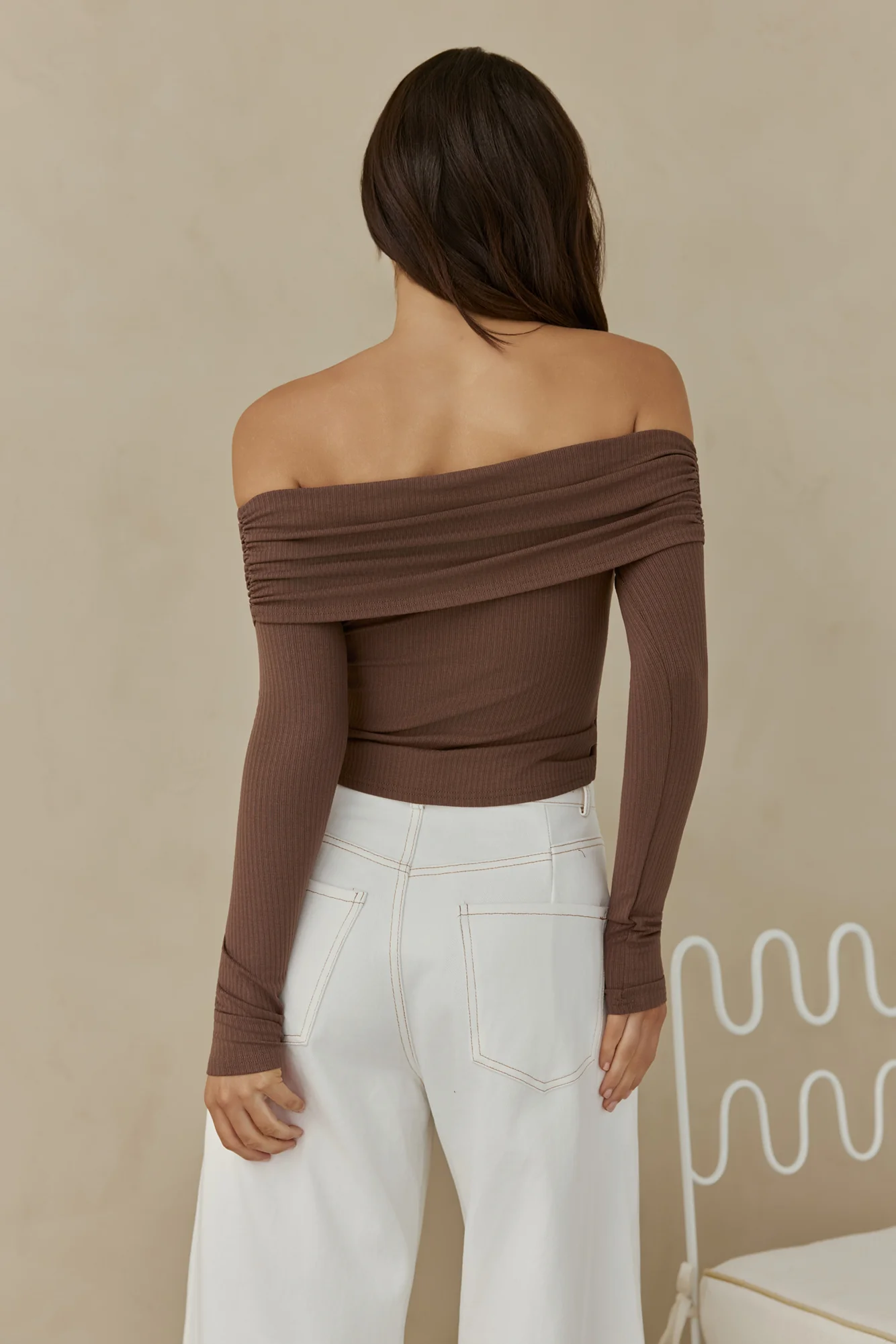 Autumn Dreamer Long Sleeve Off Shoulder Top Brown