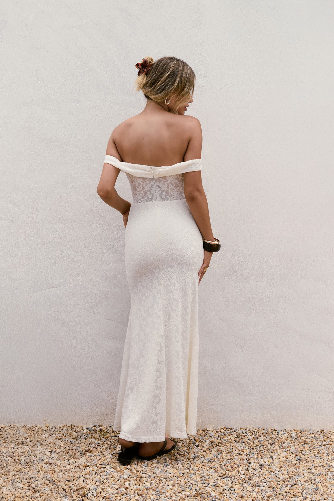 Soft Smiles Off Shoulder Lace Maxi Dress White