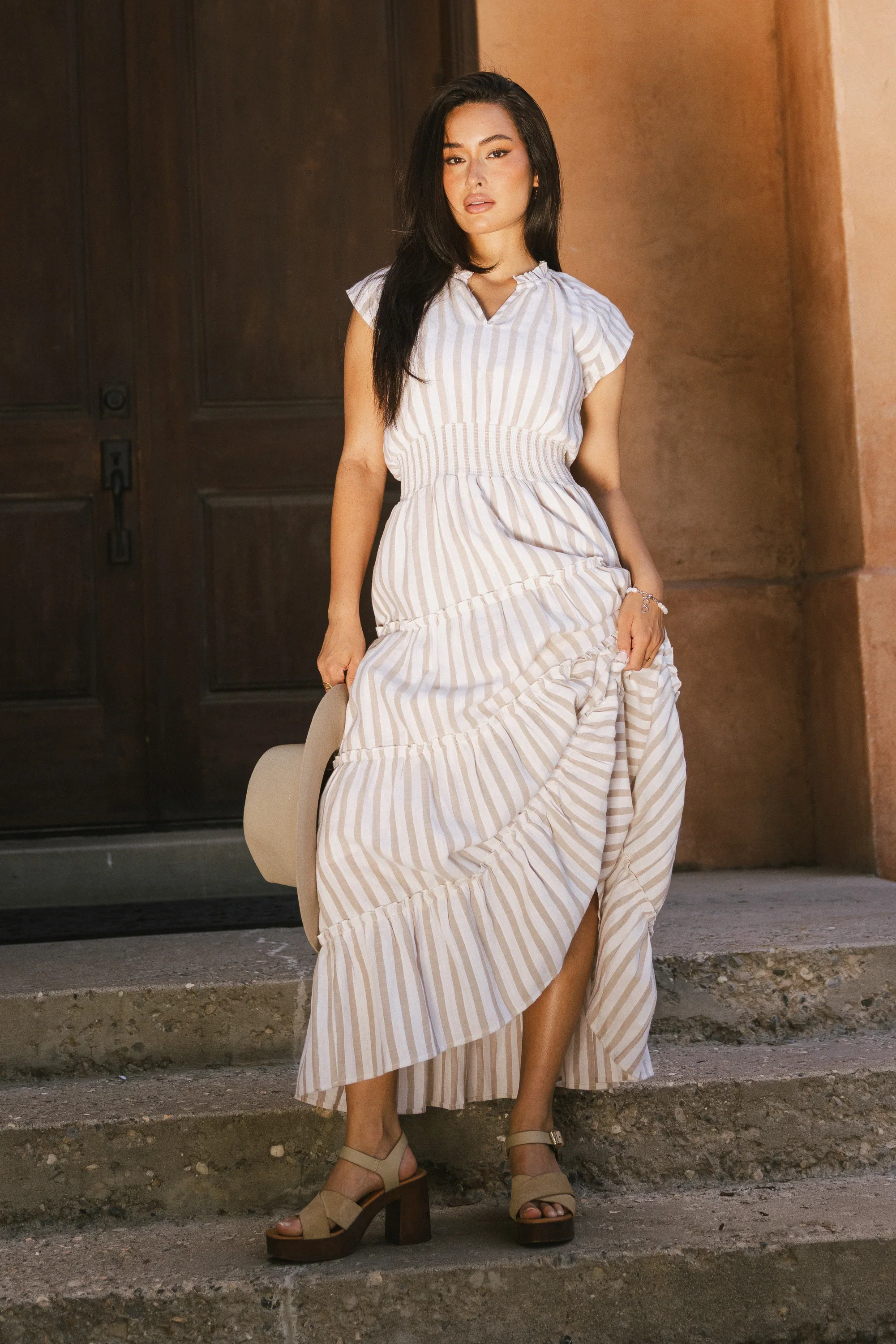 Claire Striped Maxi Dress in Taupe