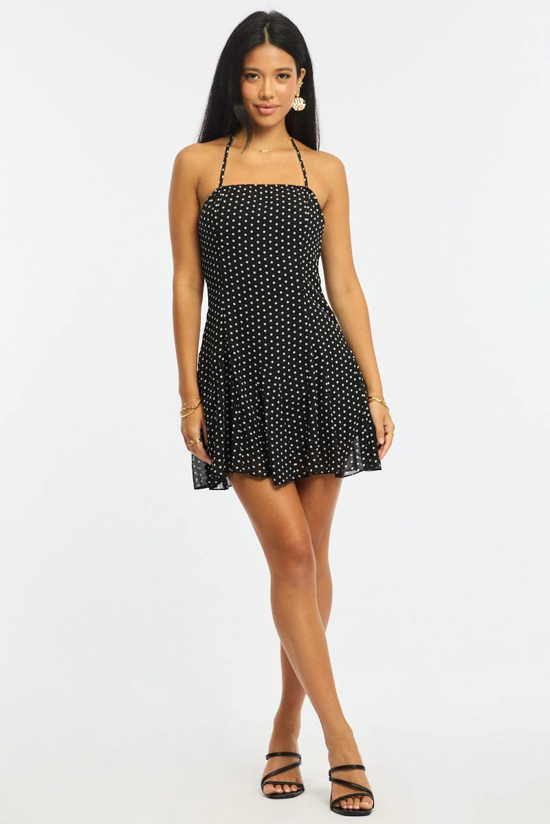 Black Polka Dot Fit And Flare Dress Mini
