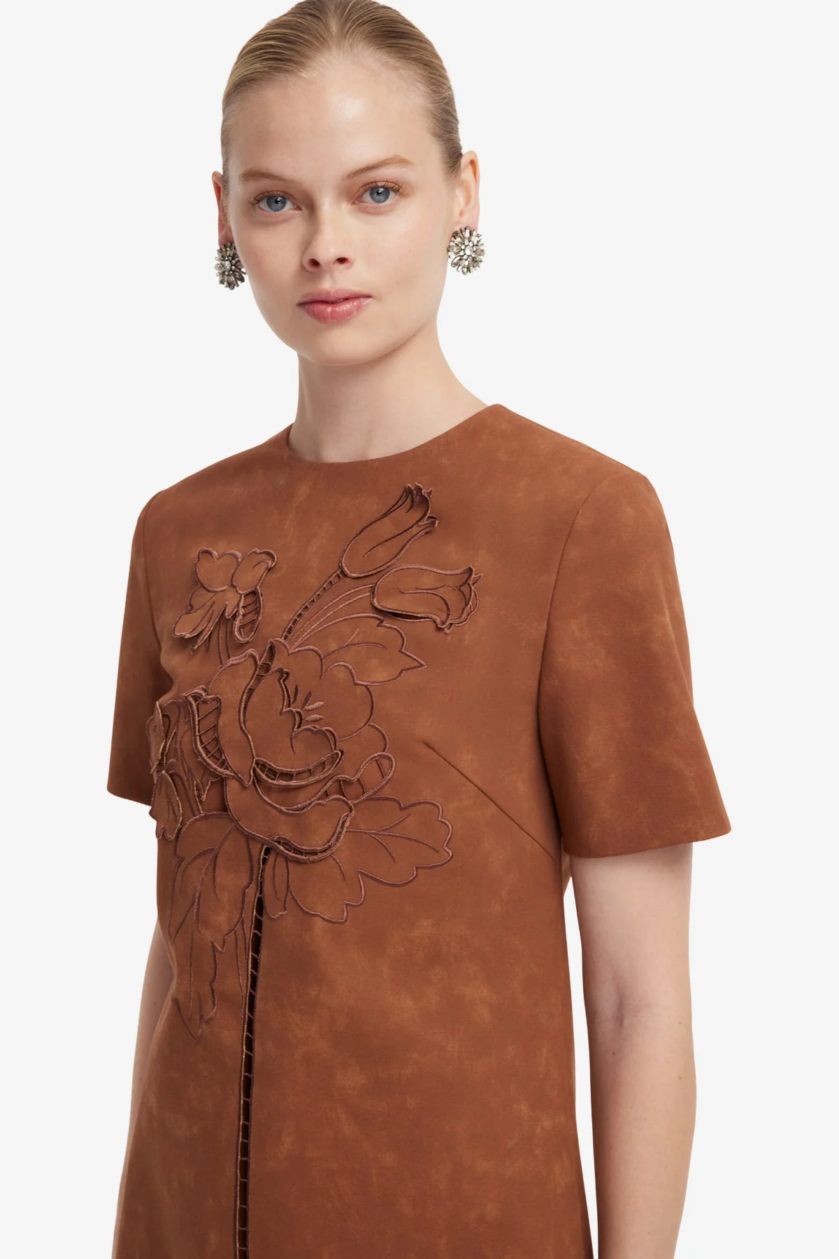 Alexa Appliqué Vegan Suede Tshirt Mini Dress - Chestnut