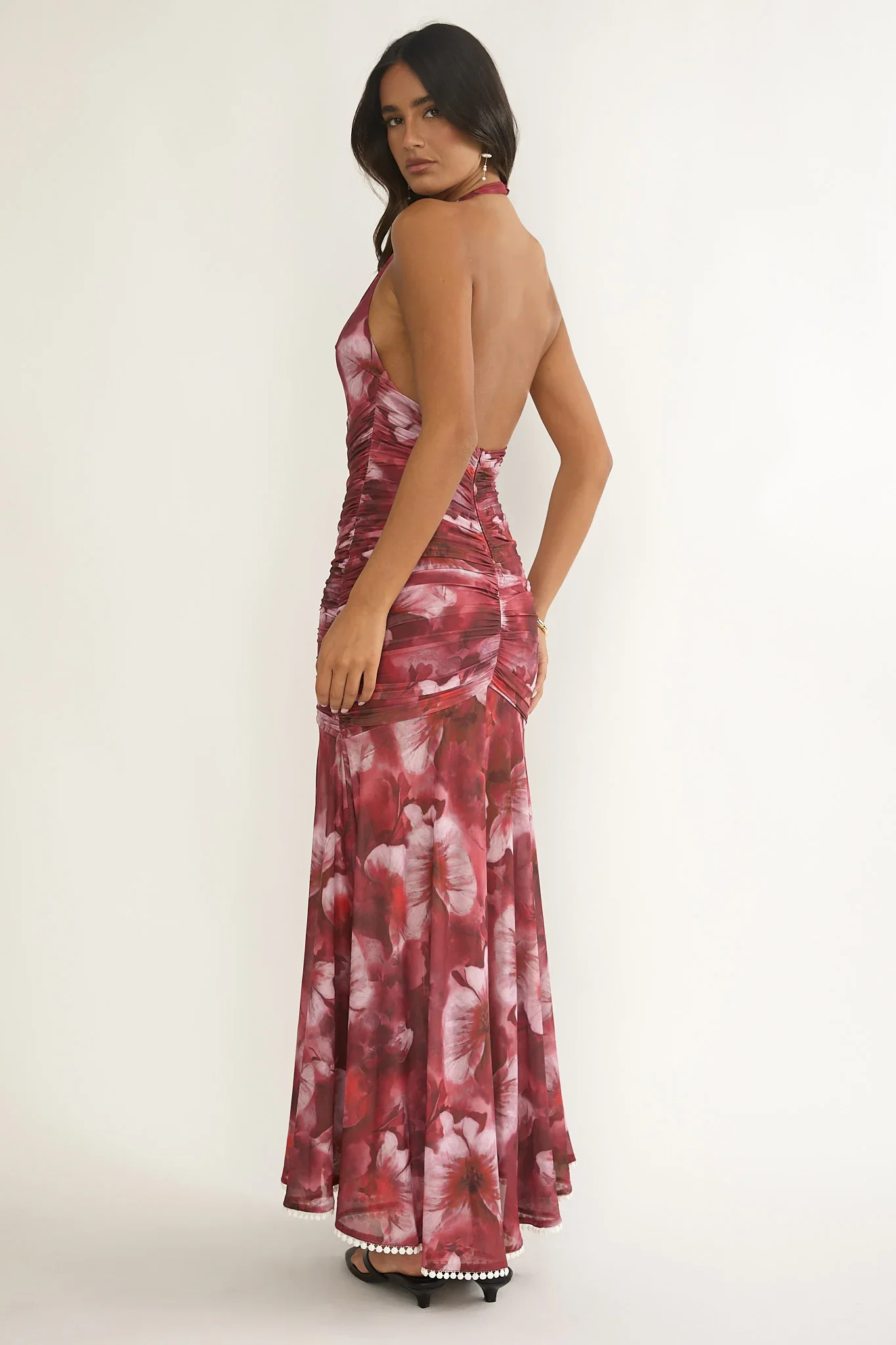 Kamilah Ruched Ruffle Maxi Dress Floral Red