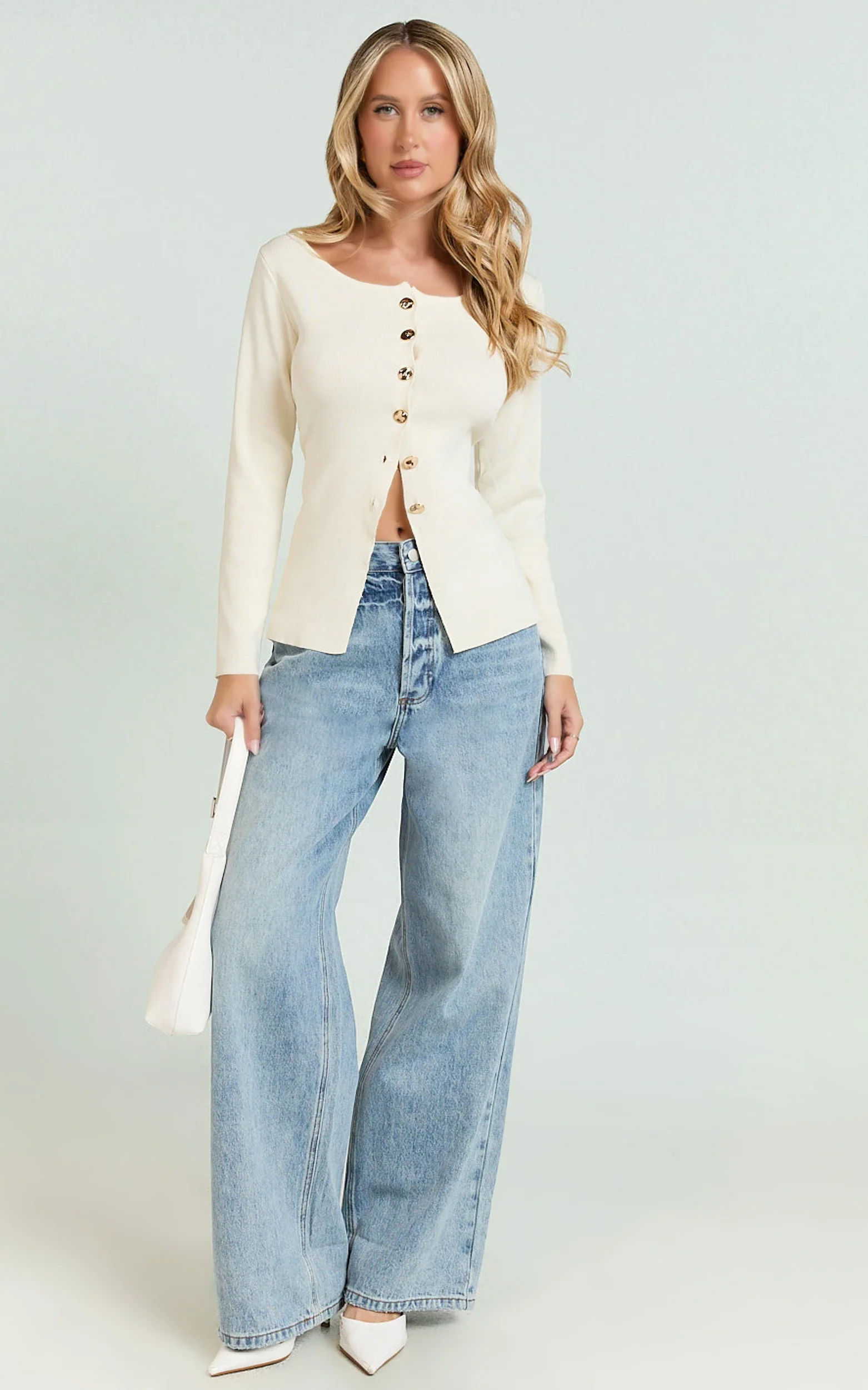 Mildred Top - Long Sleeve Button Down Top with Gold Hardwear in White