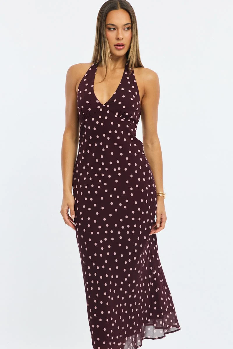 Red Polka Dot Midi Dress Halter Neck