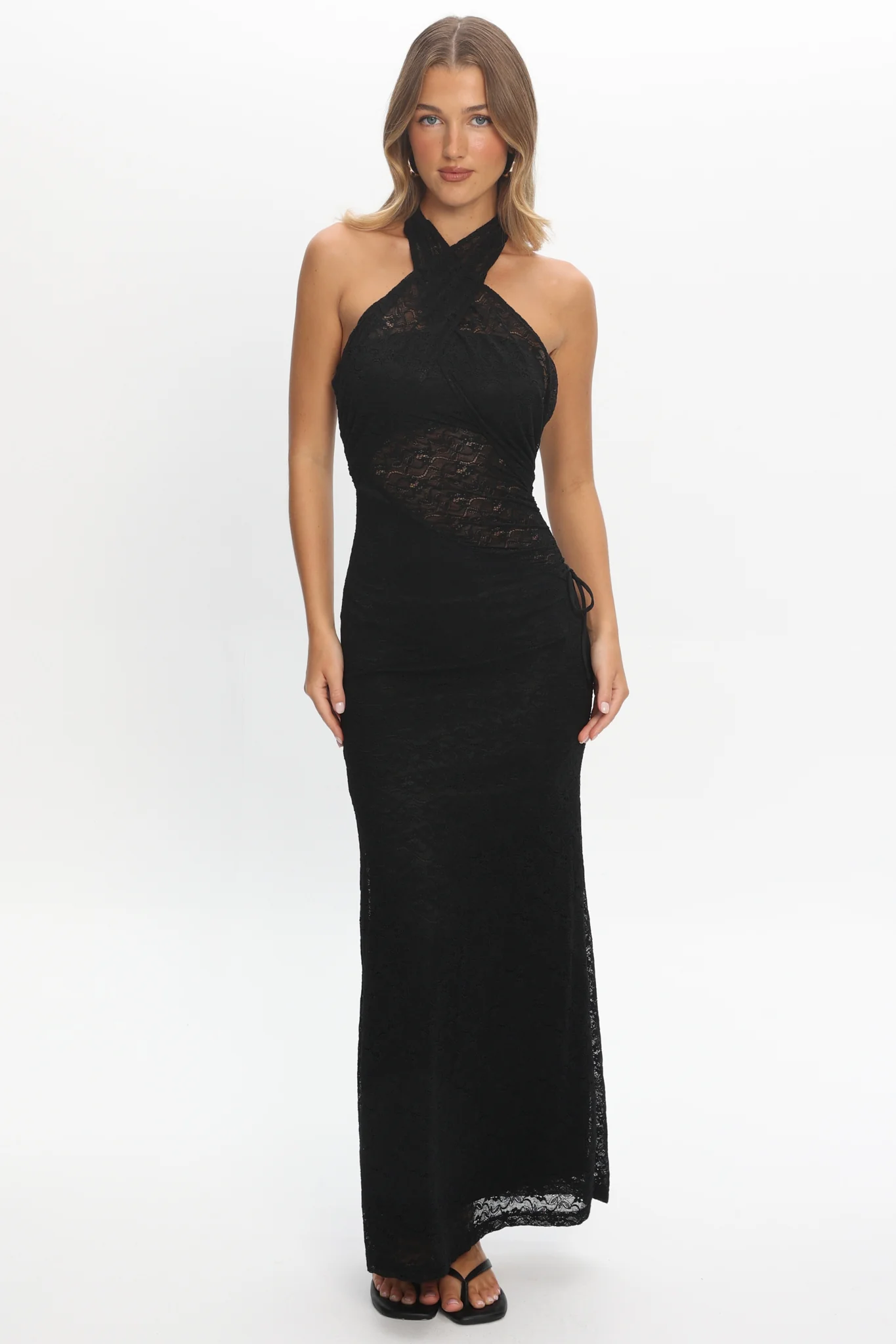 Karmella Cross-Front Lace Halter Maxi Dress Black - luluinthesky
