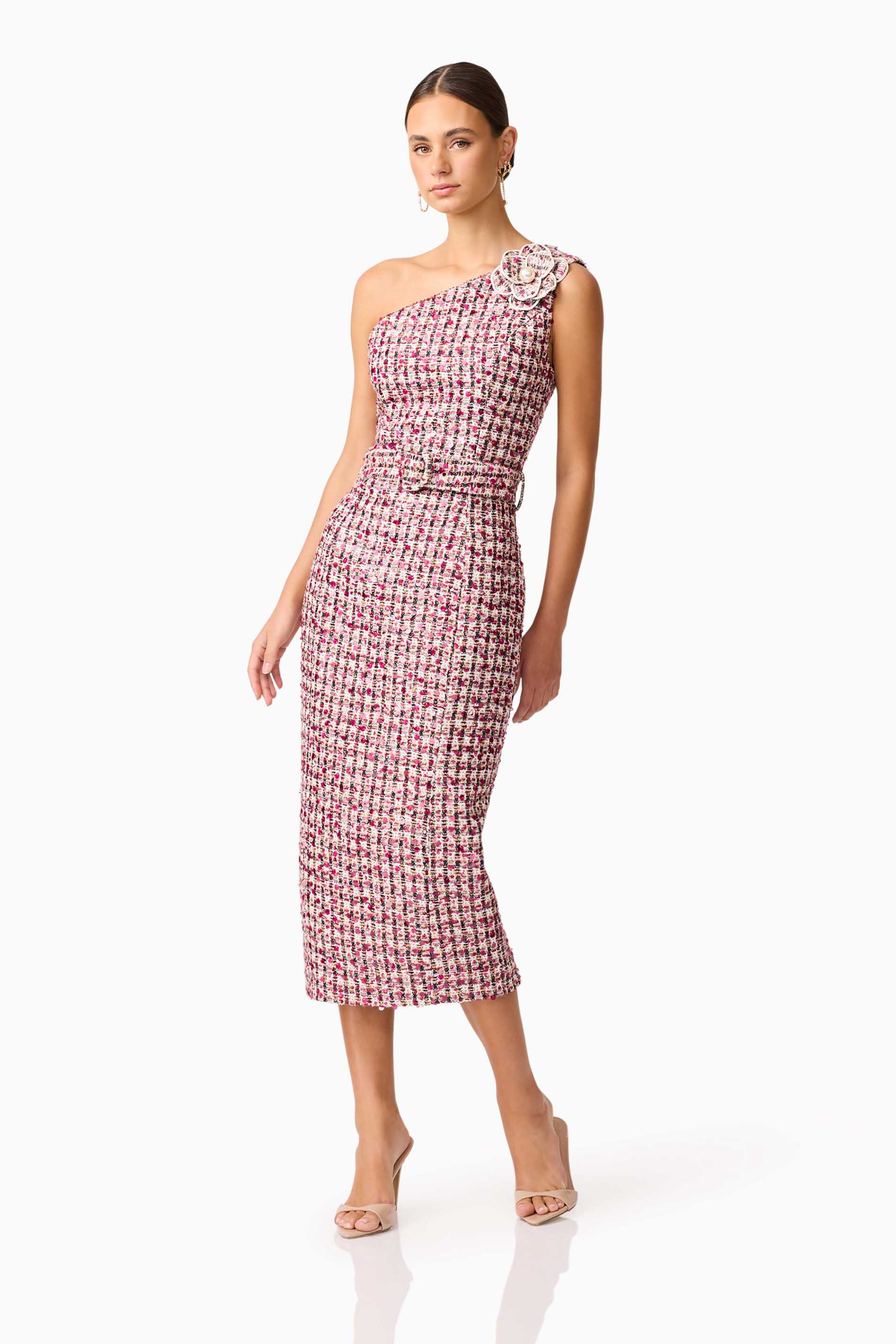Bianca One Shoulder Tweed Midi Dress in Red