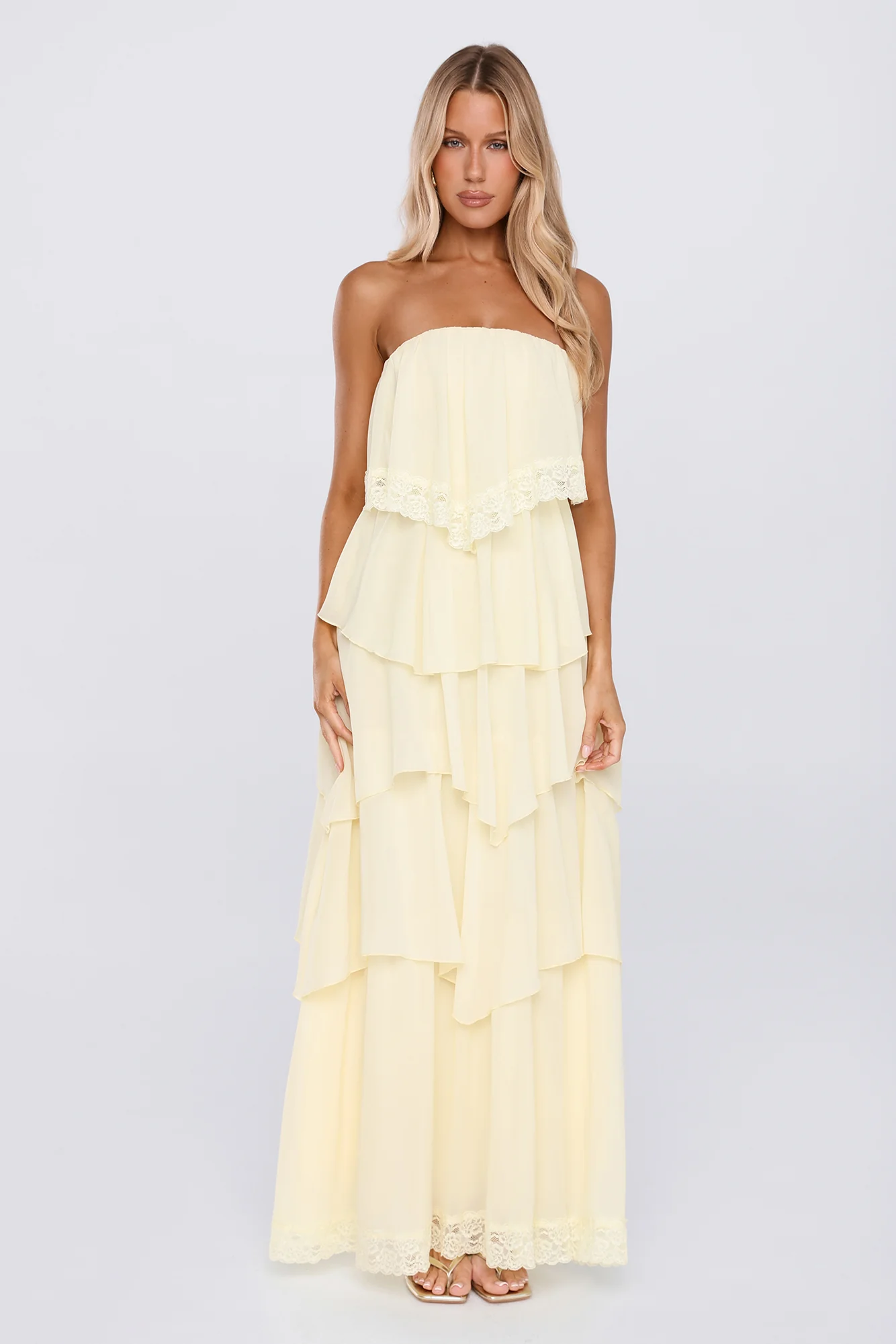 Glossy Days Strapless Maxi Dress Yellow - luluinthesky