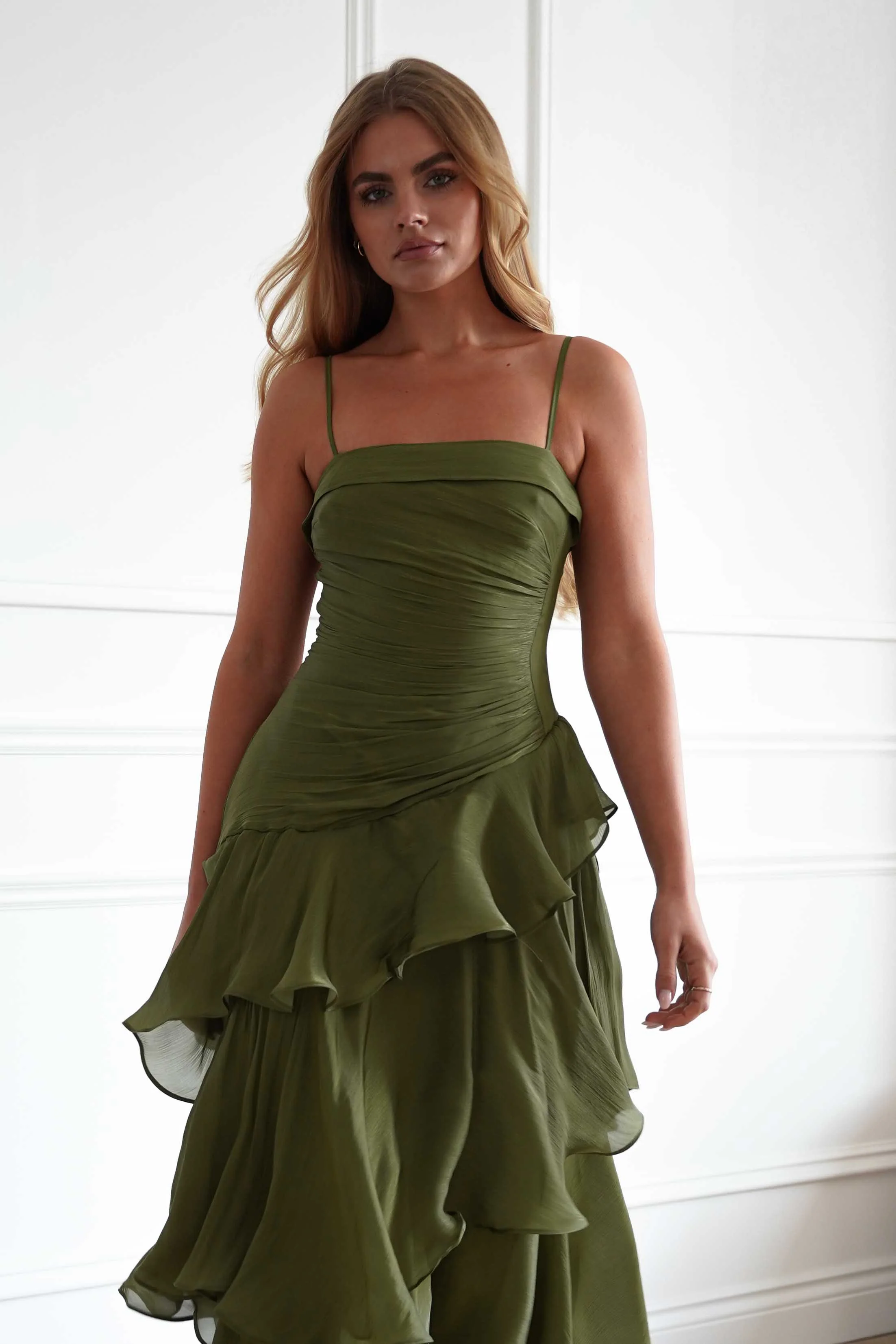 Renee Luminescent Ruffle Maxi Dress | Olive