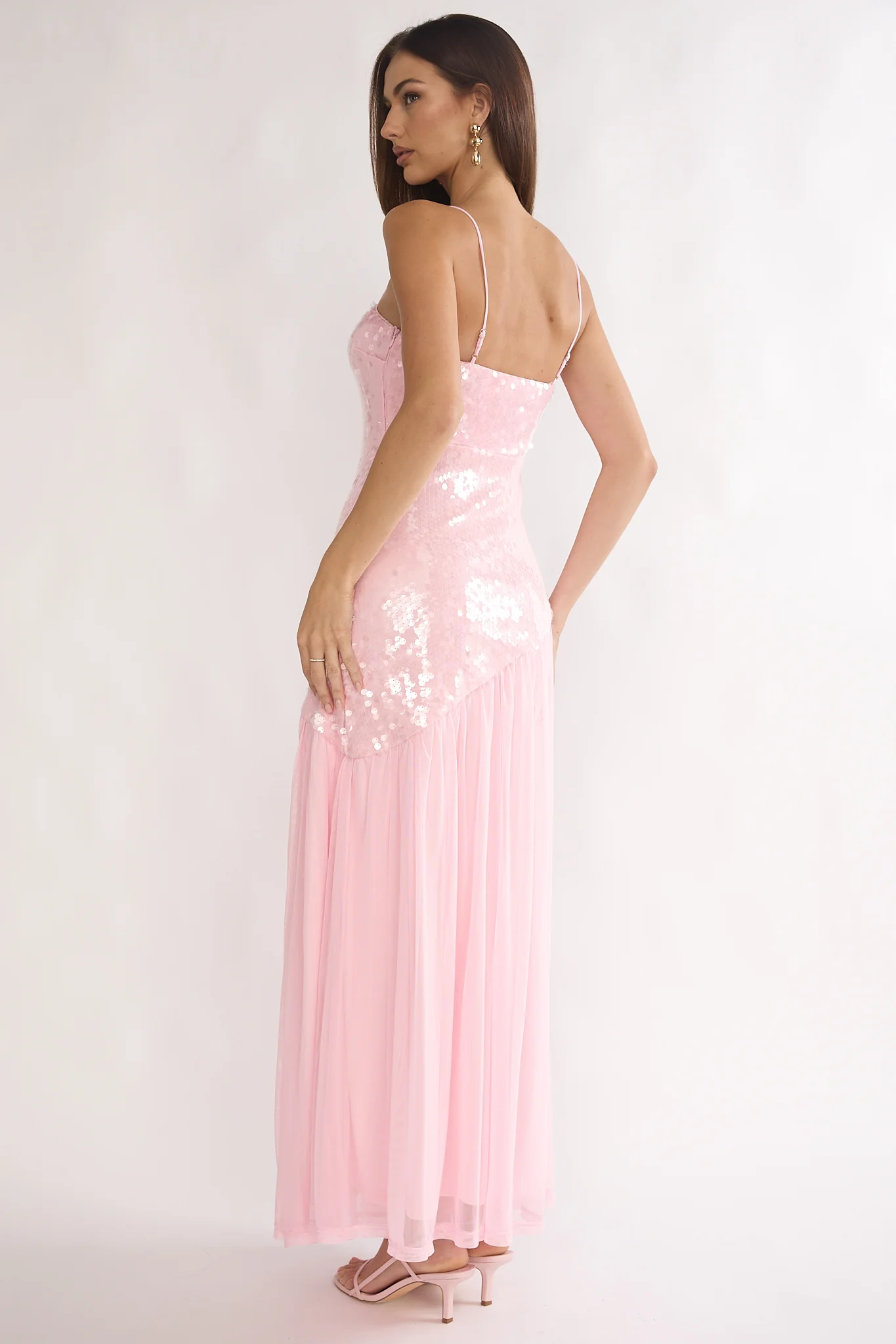 Azure Sun Drop Waist Split Maxi Dress Sequin Pink - luluinthesky