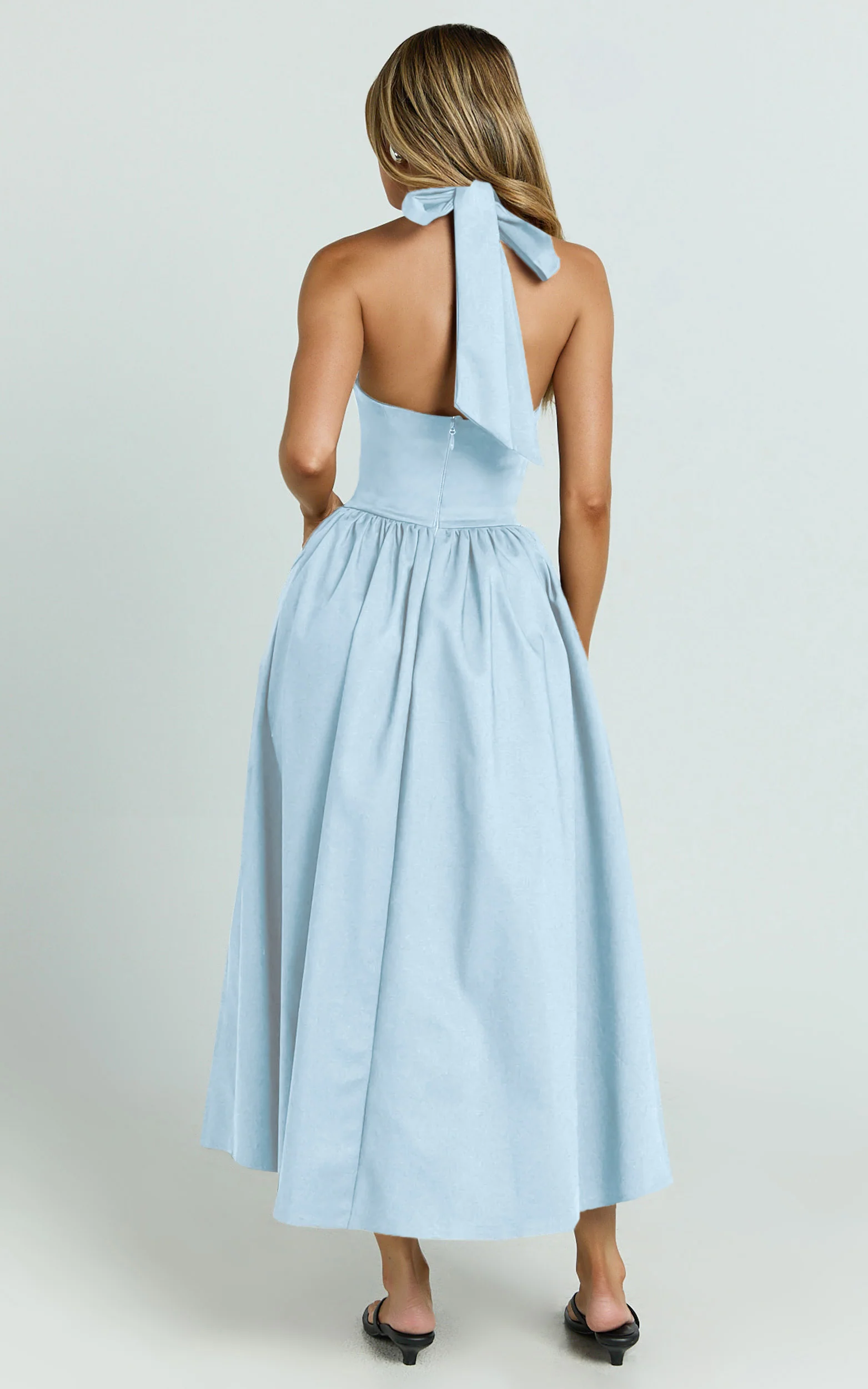 Helda Midi Dress - Halter Tie Neck Corset Panel Dress in Soft Blue