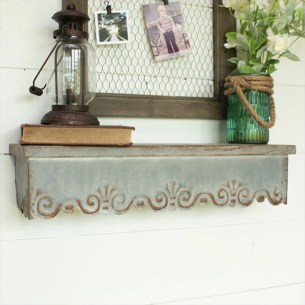 Distressed Galvanized Metal Scroll Wall Shelf