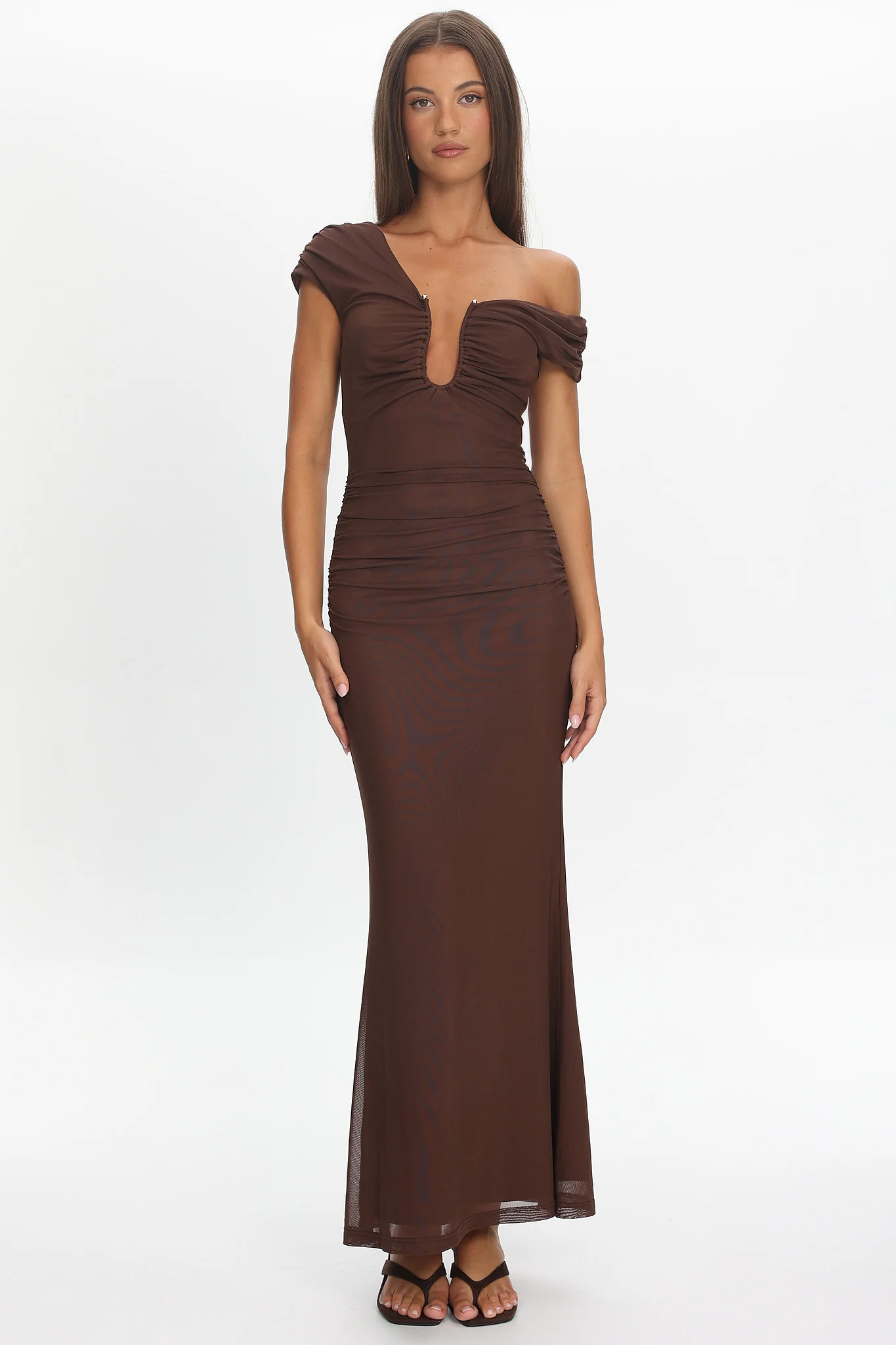 Raeva Ruched U-Neckline Maxi Dress Chocolate