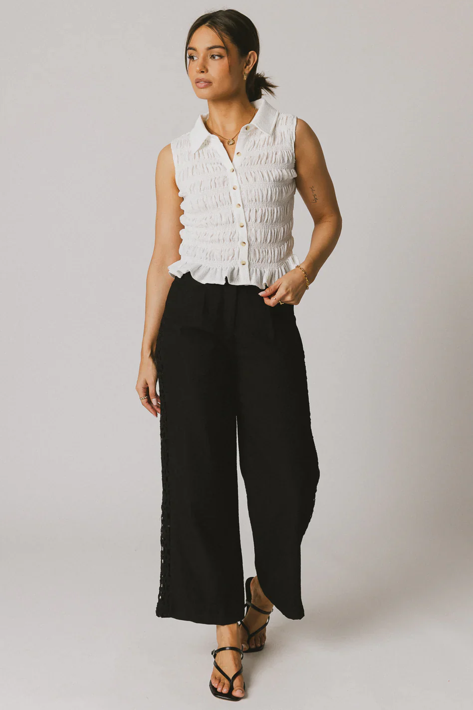 Russel Smocked Button Up in White
