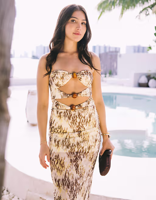 South Beach abstract print mesh maxi beach dress with cutout detail in green multi