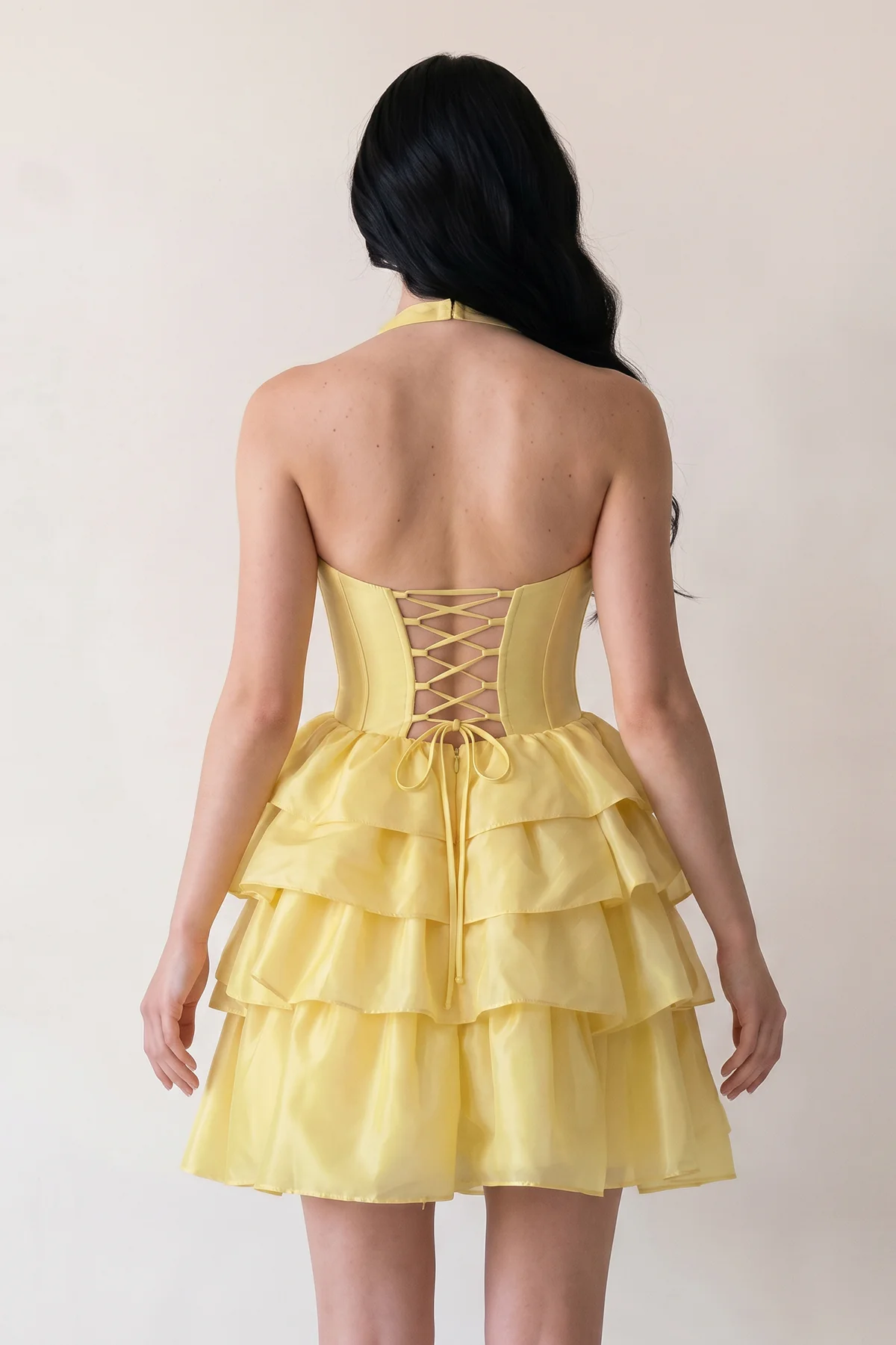 Yellow - Halter A Line Ruffles Satin Homecoming Dress With Bow