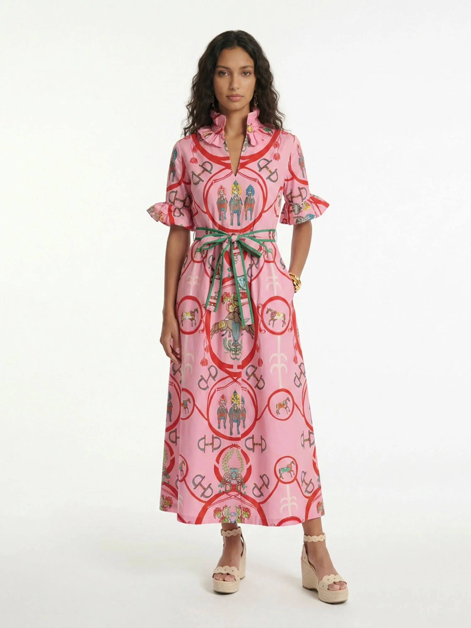 Vibrant Pink Equestrian Print Midi Dress