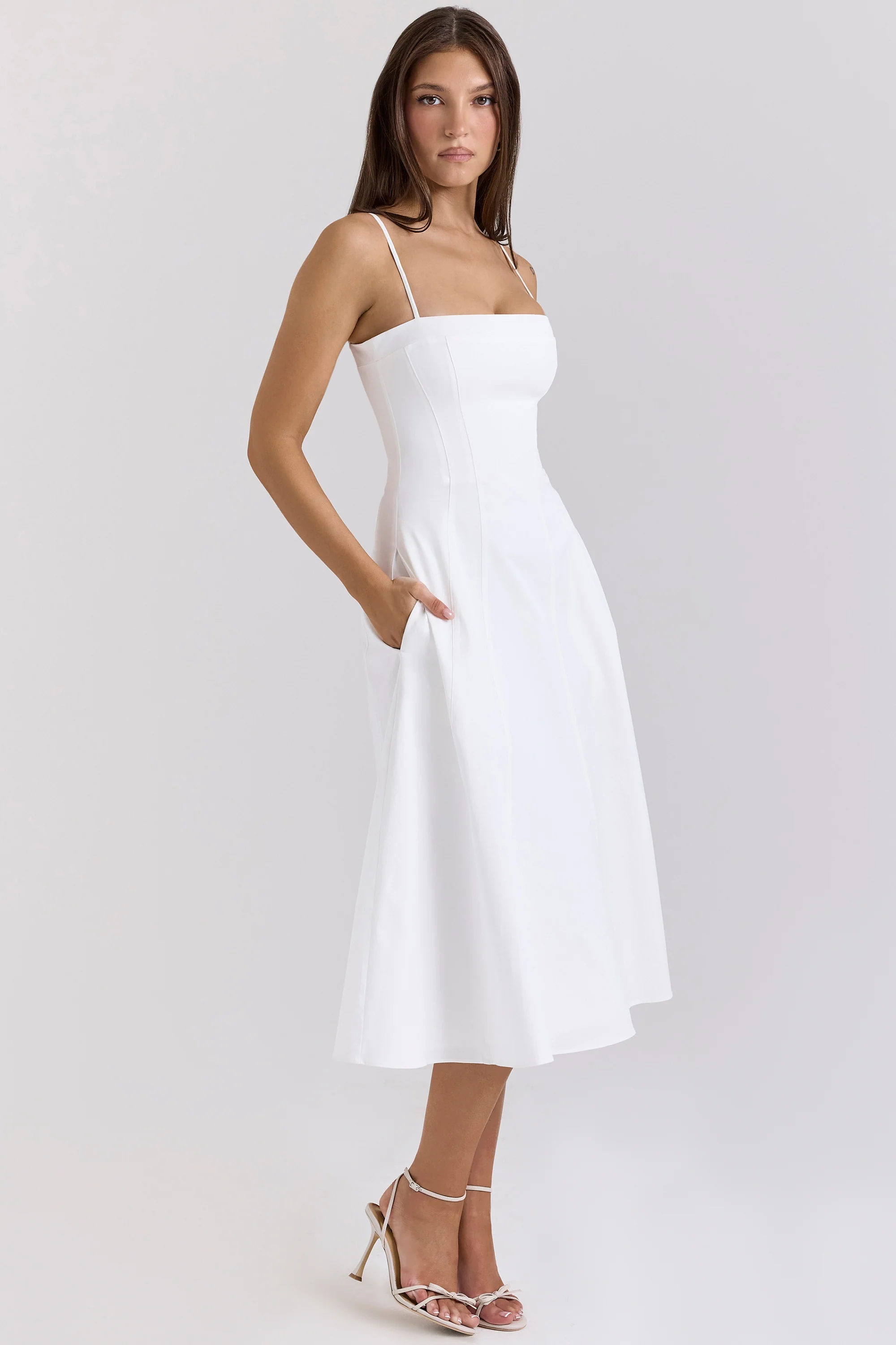 White Stretch Cotton A-Line Midi Sundress