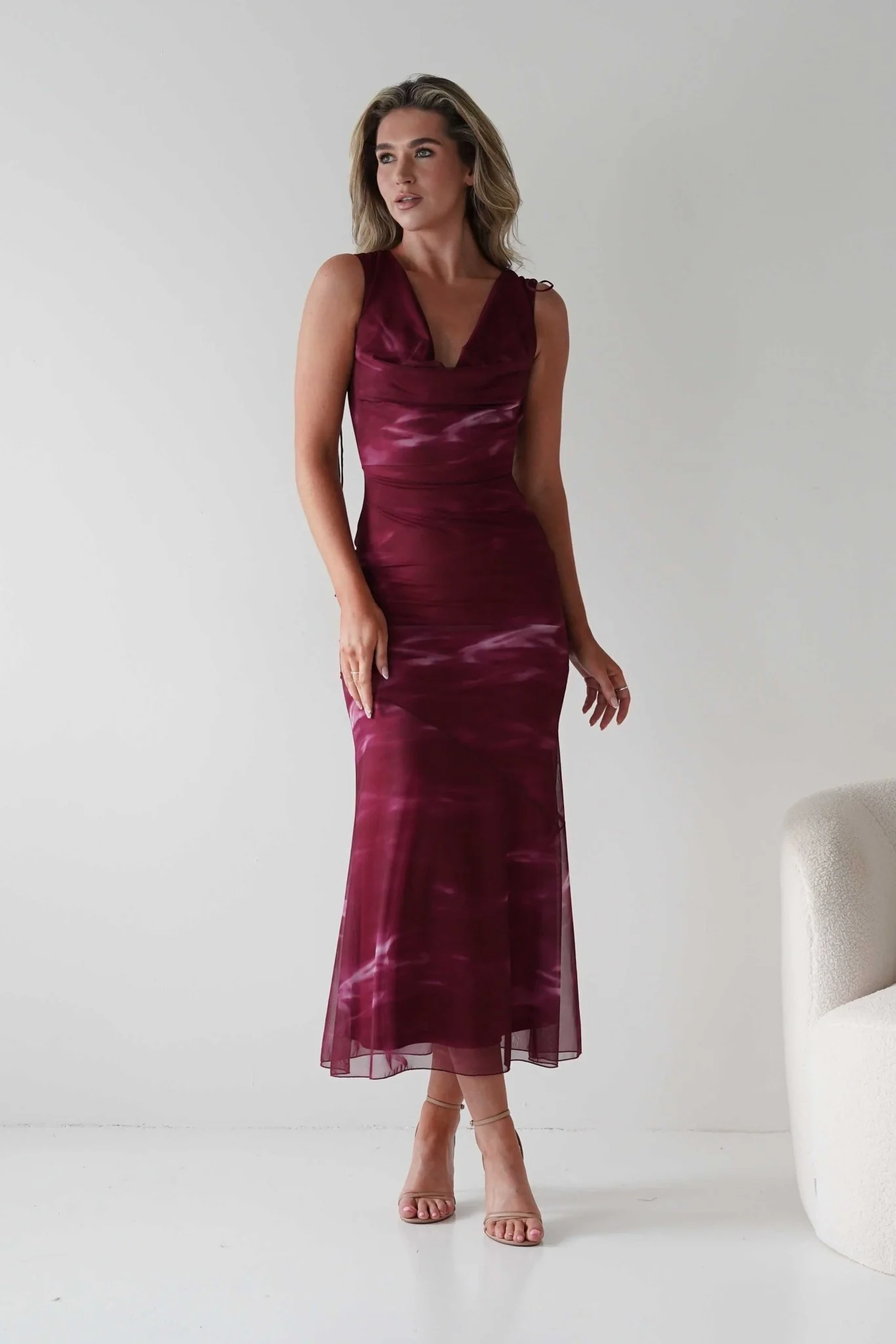 Drew Mesh Printed Maxi Dress | Wine Print