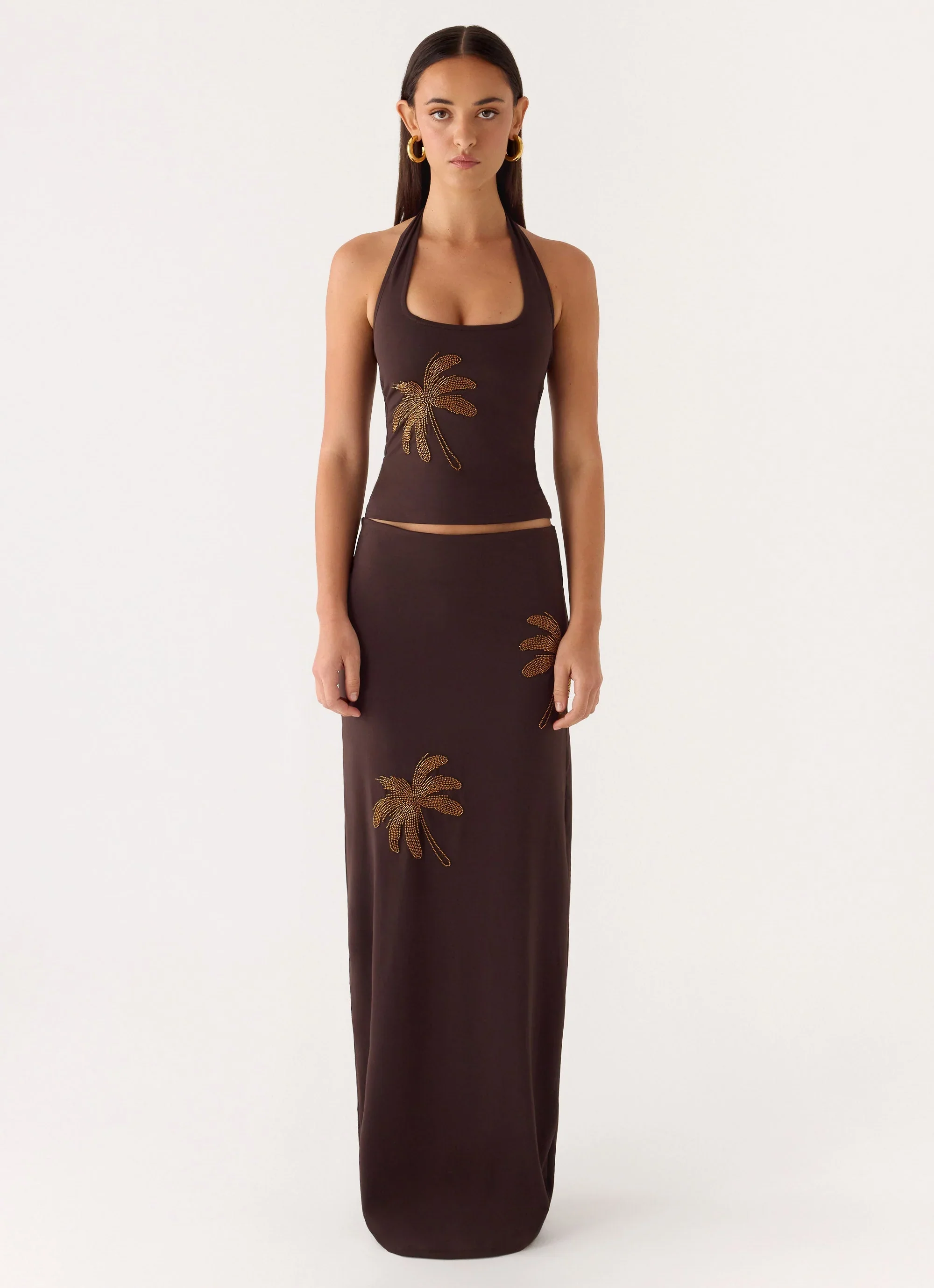 Brienne Beaded Halter Top - Chocolate