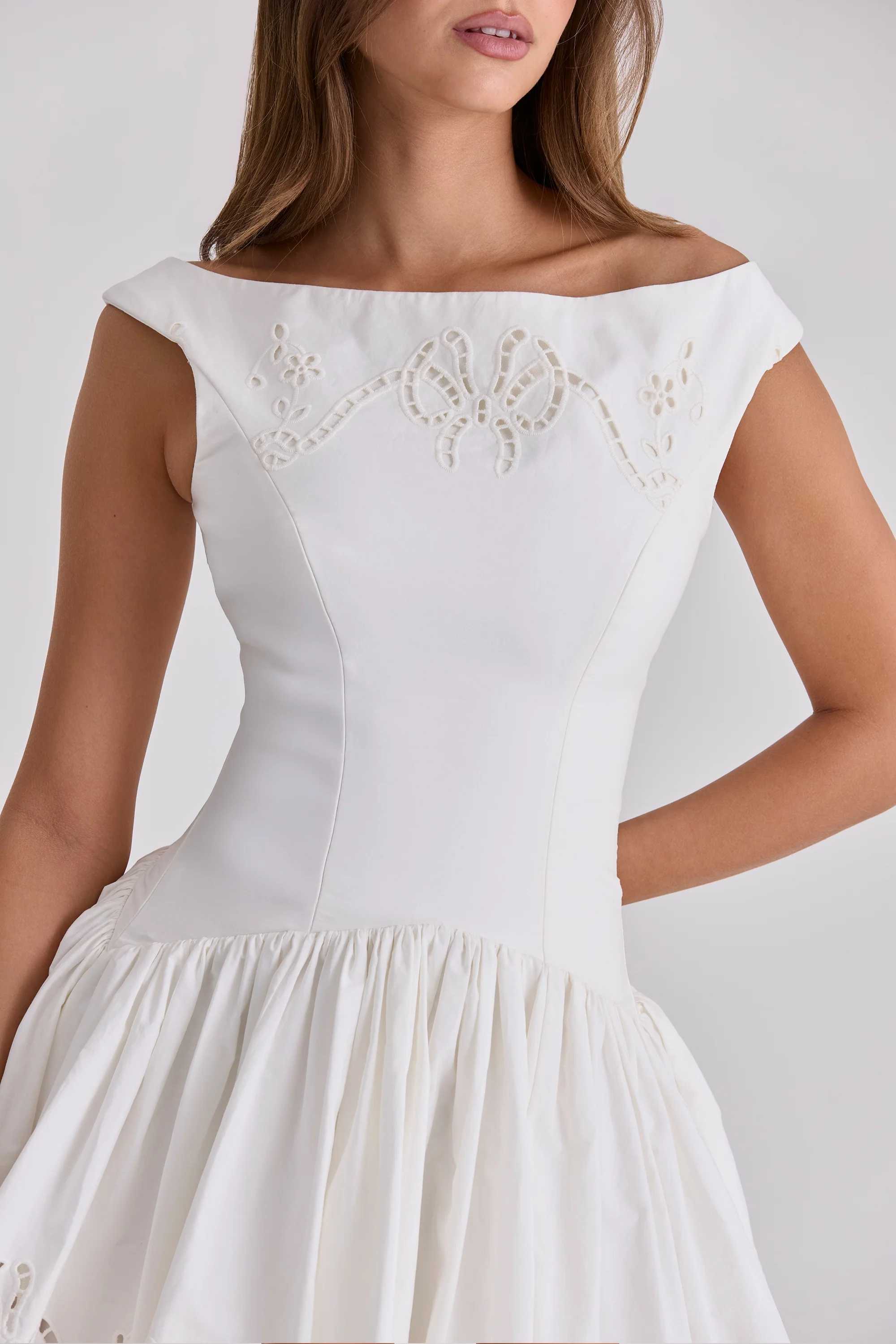white cotton broderie anglaise boat neck mini dress - luluinthesky