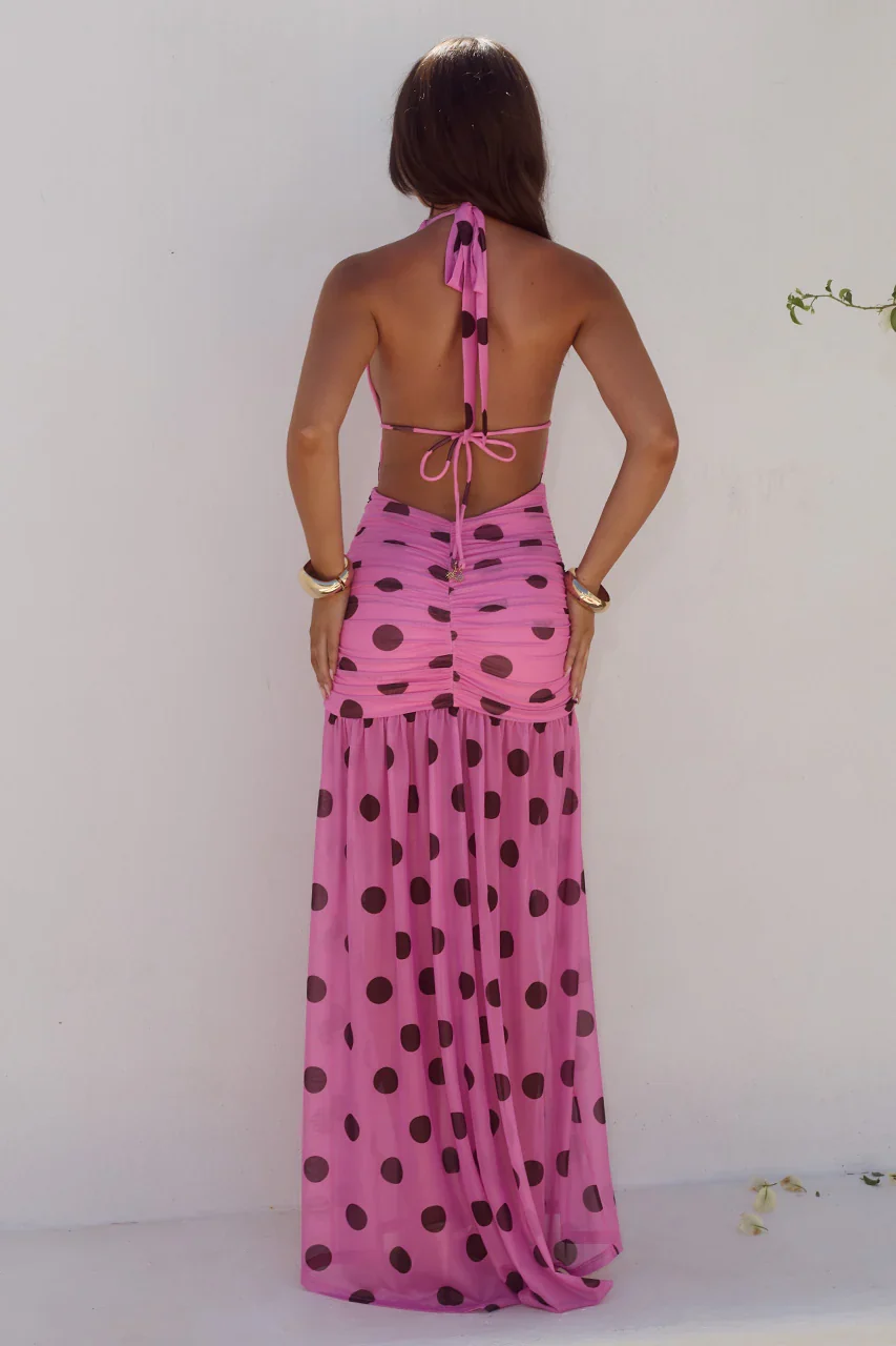 ADRIANNA PLUNGE RUCHED MAXI DRESS - MUSK/CHOC POLKA