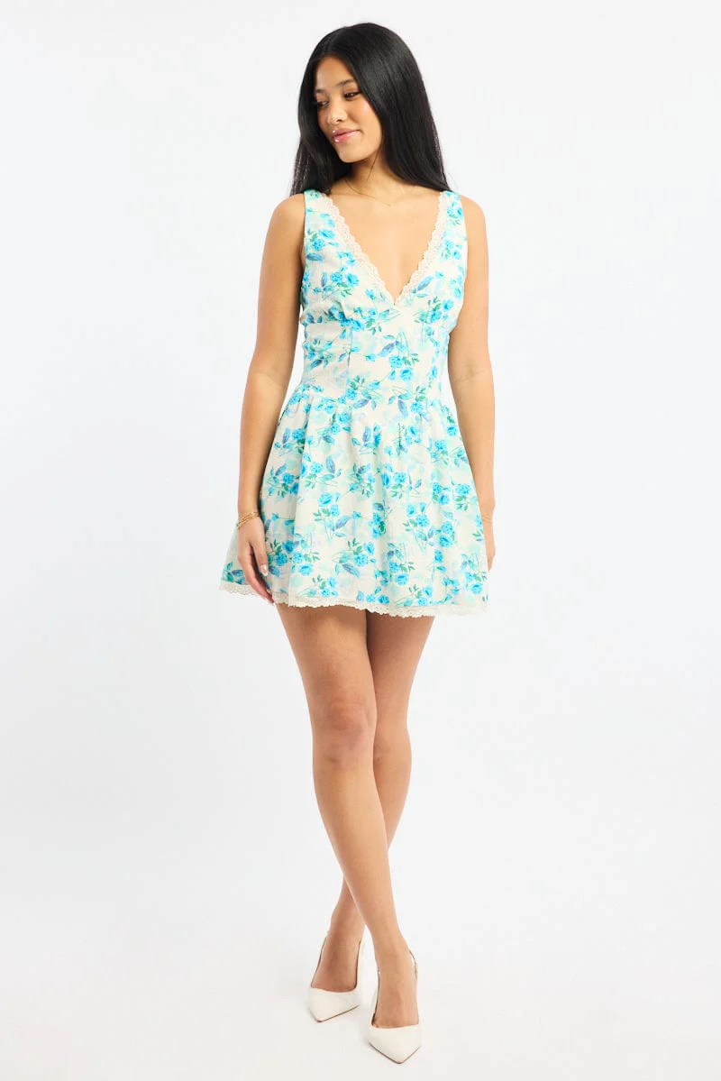 Blue Floral Mini Dress V-neck Lace Trim