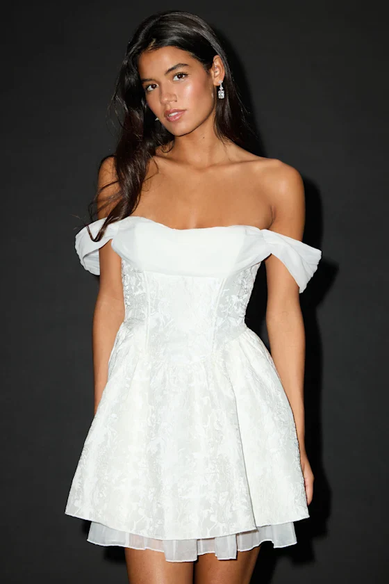 Kalara White Jacquard Off-the-Shoulder Mini Dress